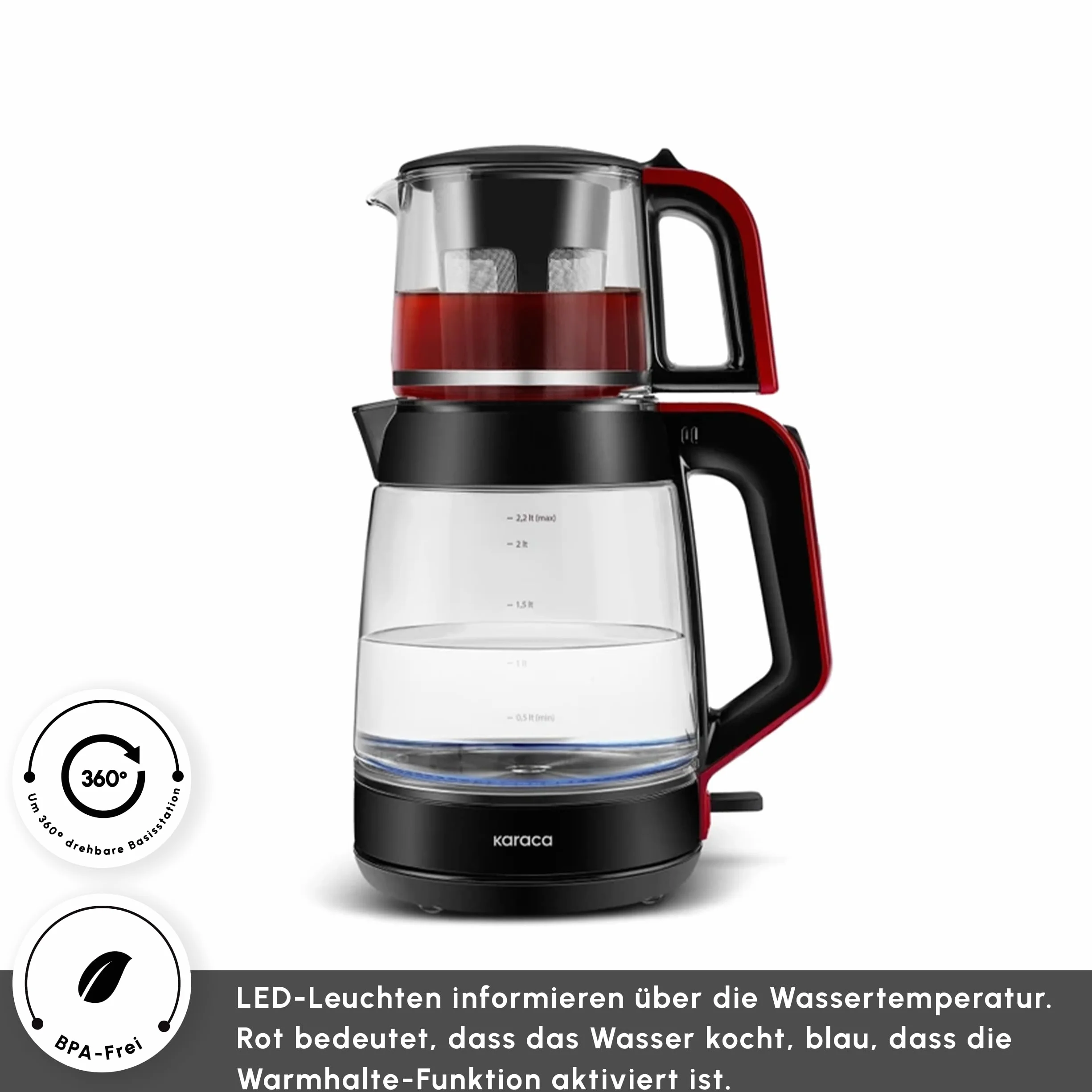 Karaca Turecki ekspres do herbaty, czajnik elektryczny z kontrolą temperatury 2,2 l, szklany dzbanek do herbaty z zaparzaczem 0,9 l, wielofunkcyjny ekspres do herbaty 1900 W, czerwony