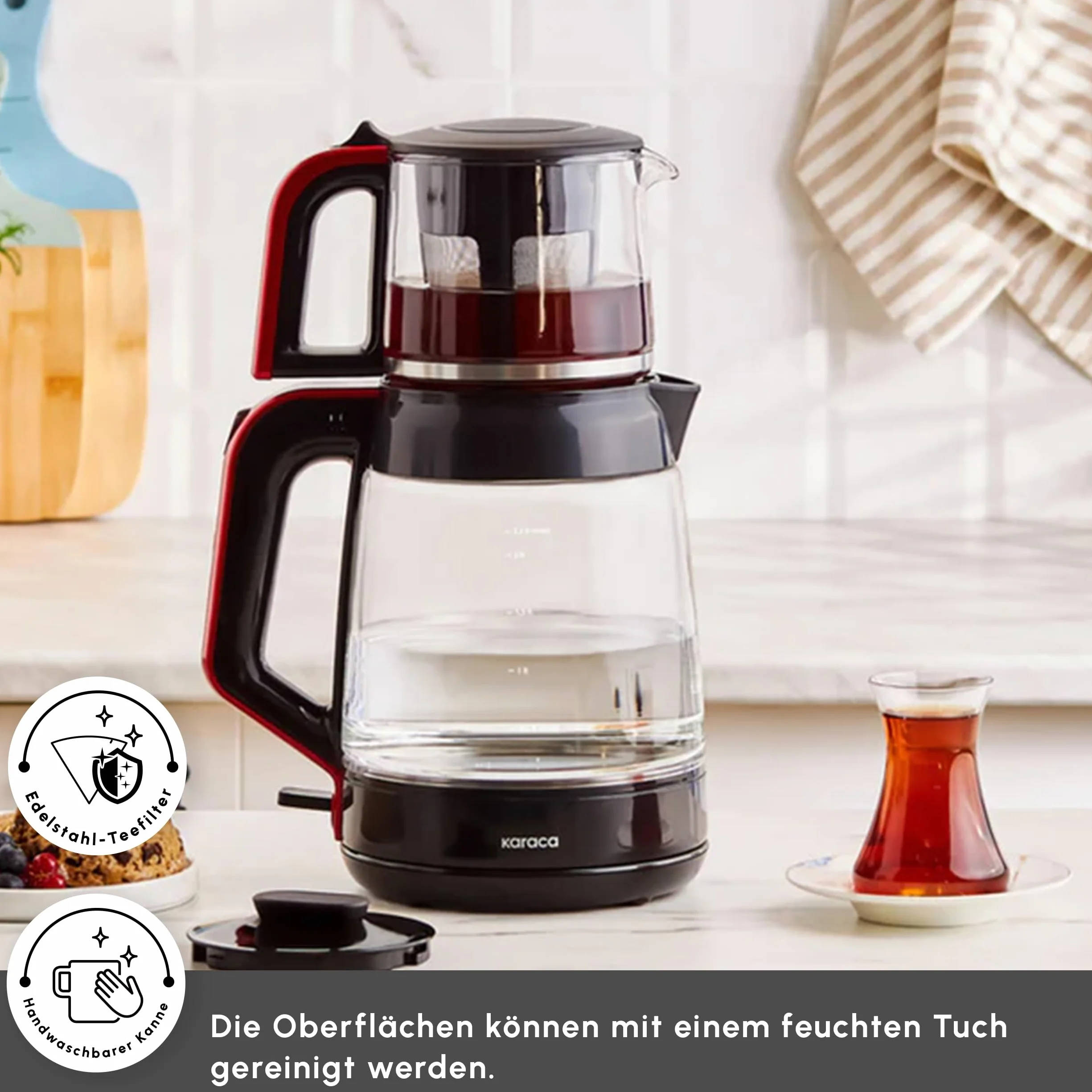 Karaca Turecki ekspres do herbaty, czajnik elektryczny z kontrolą temperatury 2,2 l, szklany dzbanek do herbaty z zaparzaczem 0,9 l, wielofunkcyjny ekspres do herbaty 1900 W, czerwony