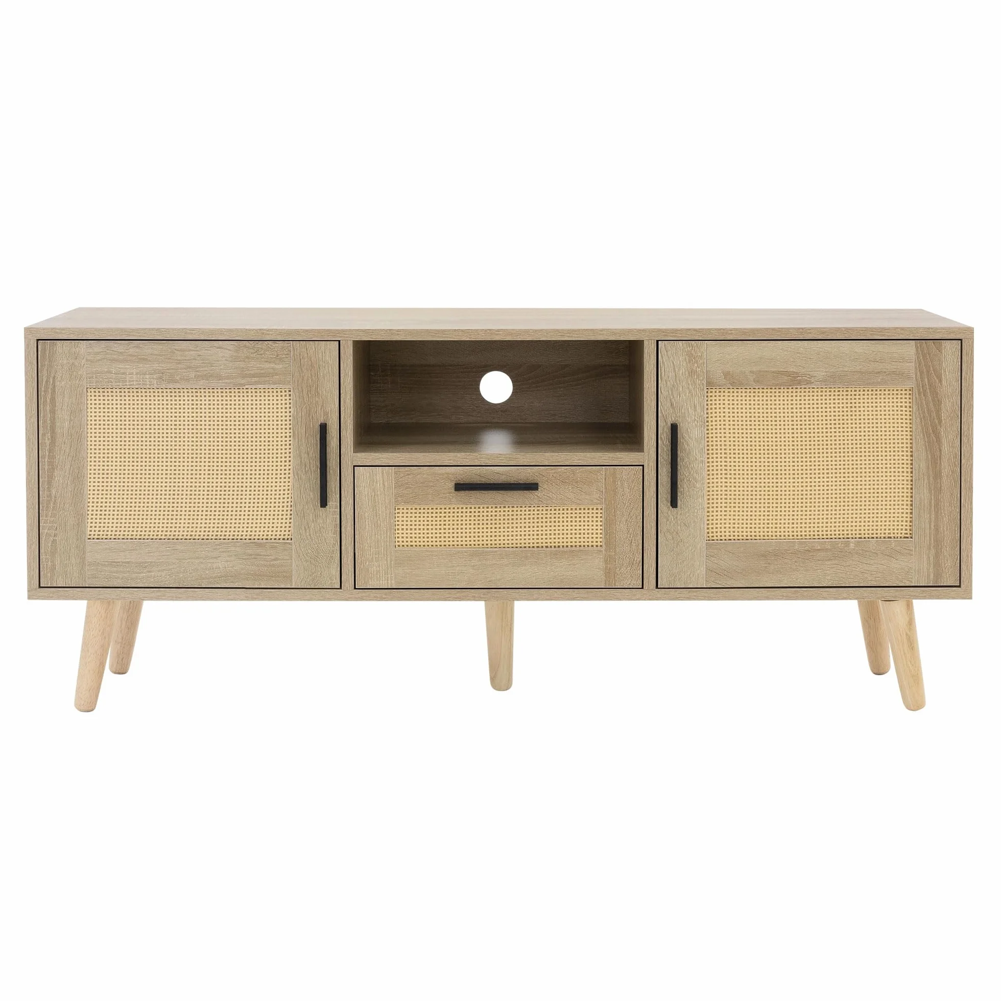 ML-Design szafka pod TV 120x50,5x30 cm w kolorze dębu stolik z 2 drzwiczkami szufladą i półką front rattanowy nogi z litego drewna idealna do salonu do telewizora 55 cali Funkcjonalna i elegancka
