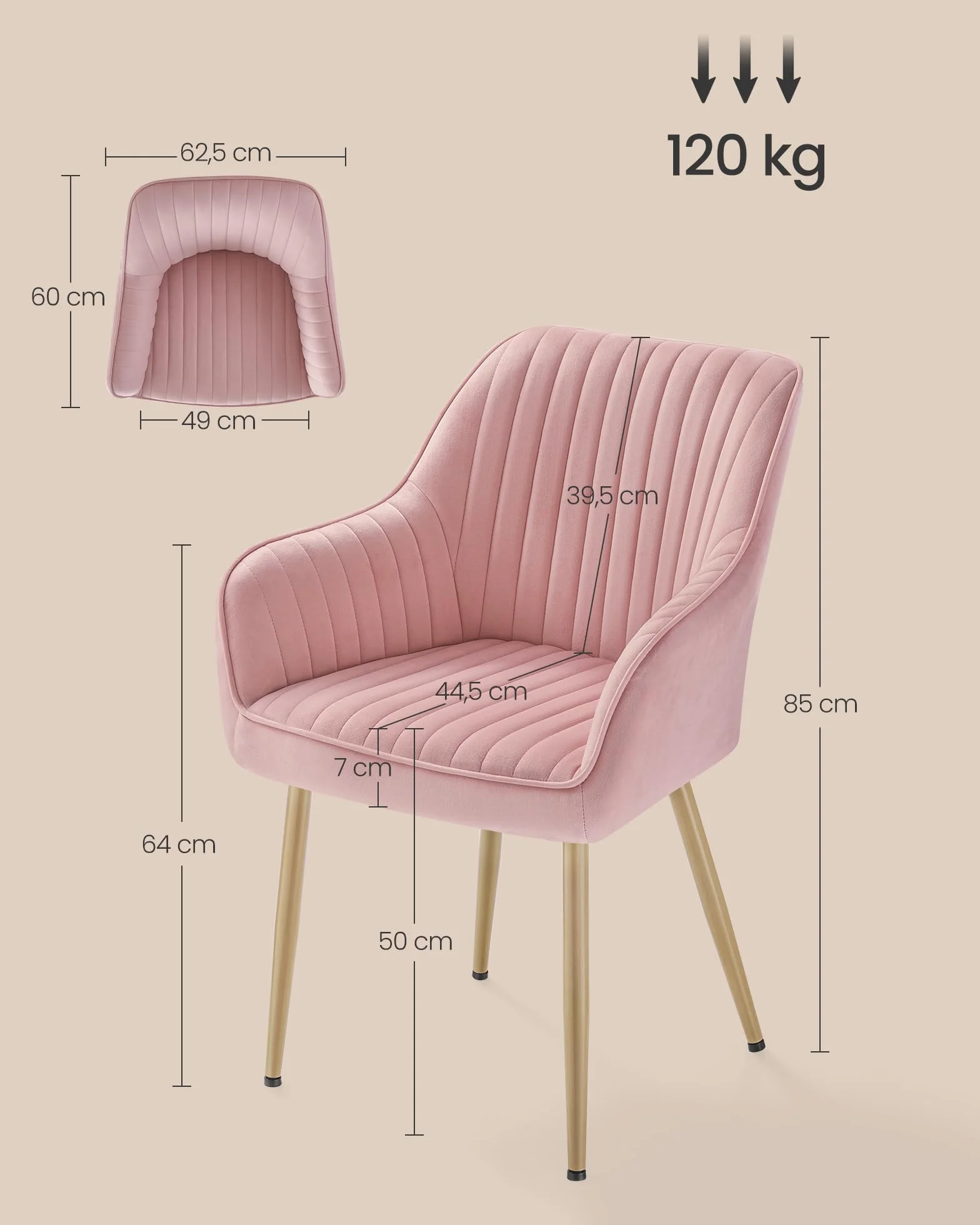 SONGMICS Krzesło do jadalni, krzesło kuchenne, aksamitny fotel, tapicerowany, z podłokietnikami, maksymalne obciążenie 120 kg, metalowe nóżki, do jadalni, cukierkoworóżowy i jasnozłoty LDC087R01