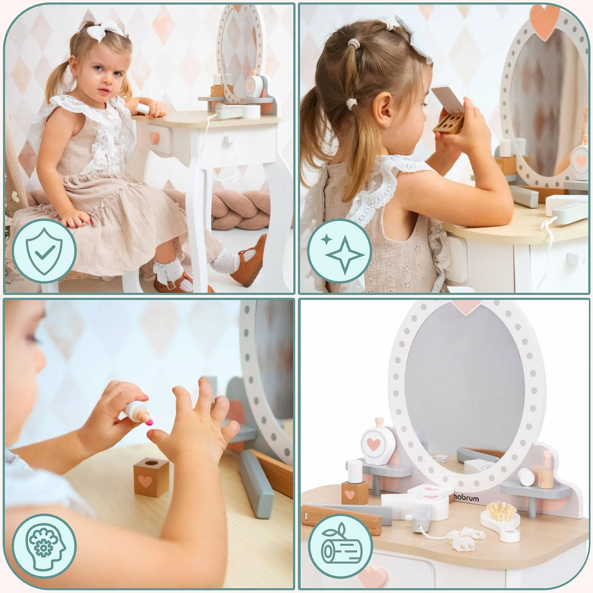 Mamabrum, Drewniany Make up Set, Toaletka z Taboretem i Akcesoriami, Toaletka, Taboret, Prostownica, Perfumy, Lakier do Paznokci, Szczotka do Włosów, Gumki do Włosów