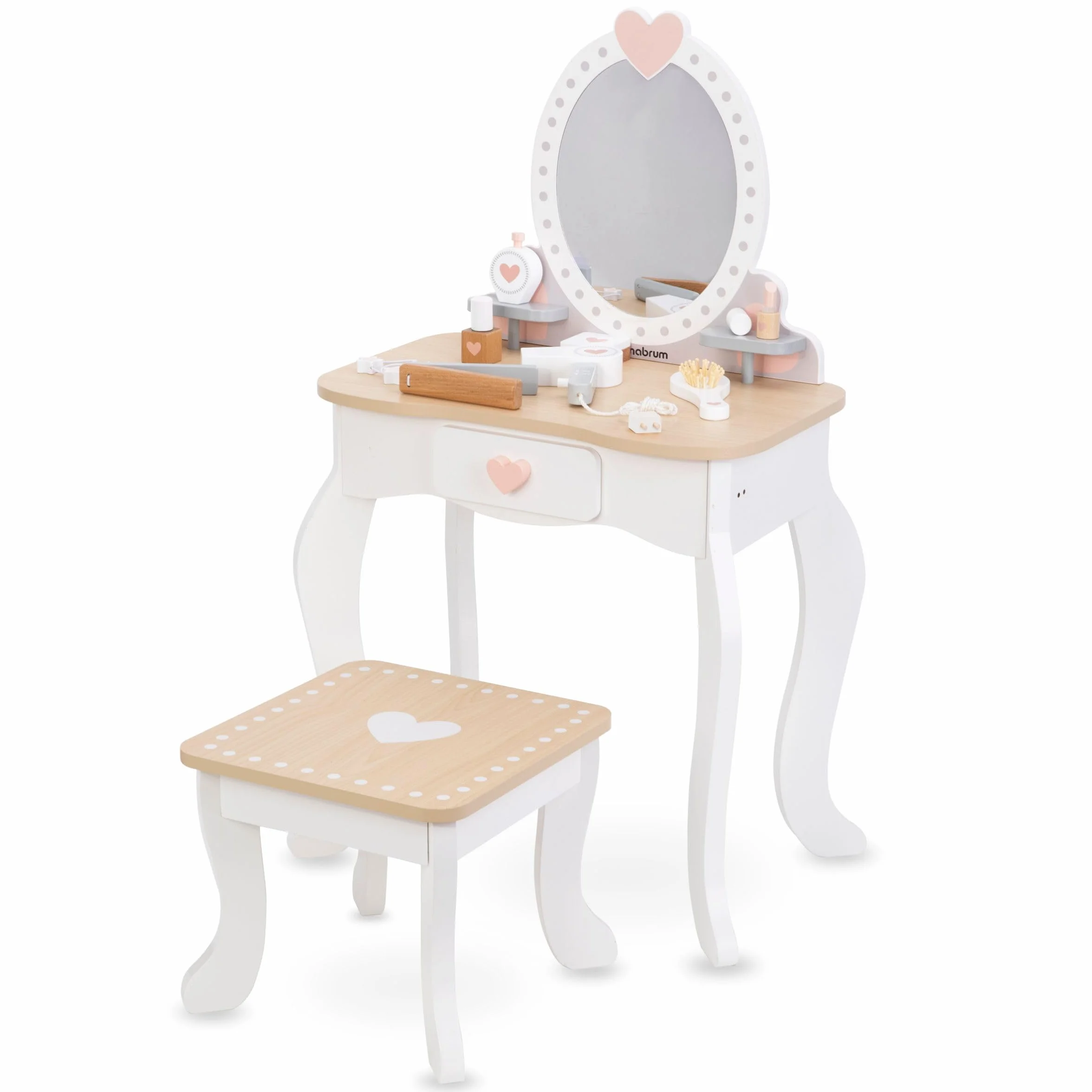 Mamabrum, Drewniany Make up Set, Toaletka z Taboretem i Akcesoriami, Toaletka, Taboret, Prostownica, Perfumy, Lakier do Paznokci, Szczotka do Włosów, Gumki do Włosów