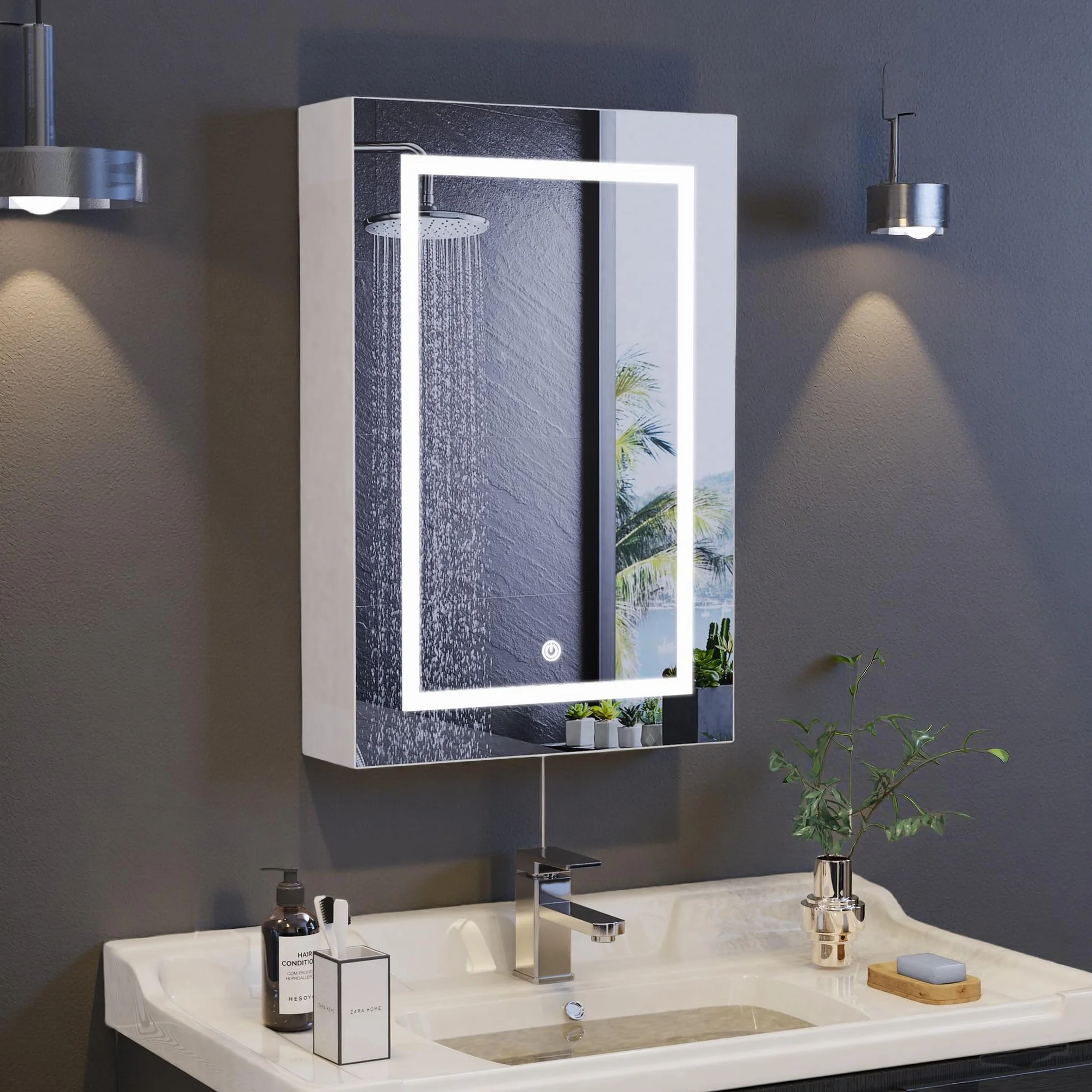 Szafka łazienkowa z lustrem, z oświetleniem, 50 x 70 cm, szafka łazienkowa z lustrem i regulowanym regałem, szafka do przechowywania, szafka wisząca z 3 temperaturami barwowymi, ściemniana i