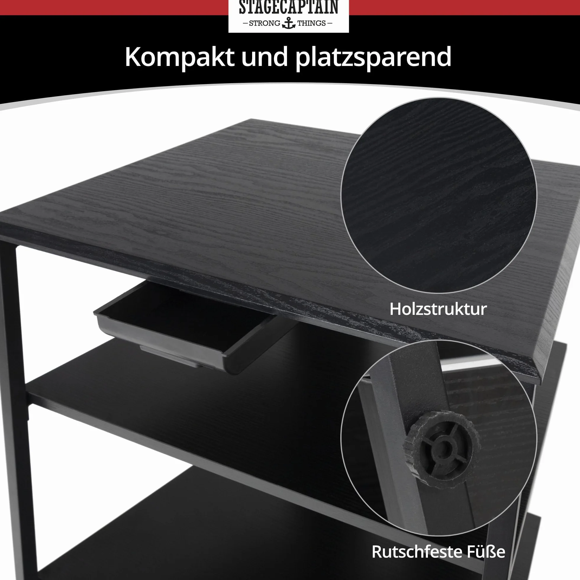 Stagecaptain HiFi Rack – czarny jesion o wyglądzie drewna, stalowy stelaż – 4 poziomy, regał HiFi, każdy udźwig 20-50 kg – szuflada i regulowane nóżki – idealny do gramofonów, komponentów HiFi itd.