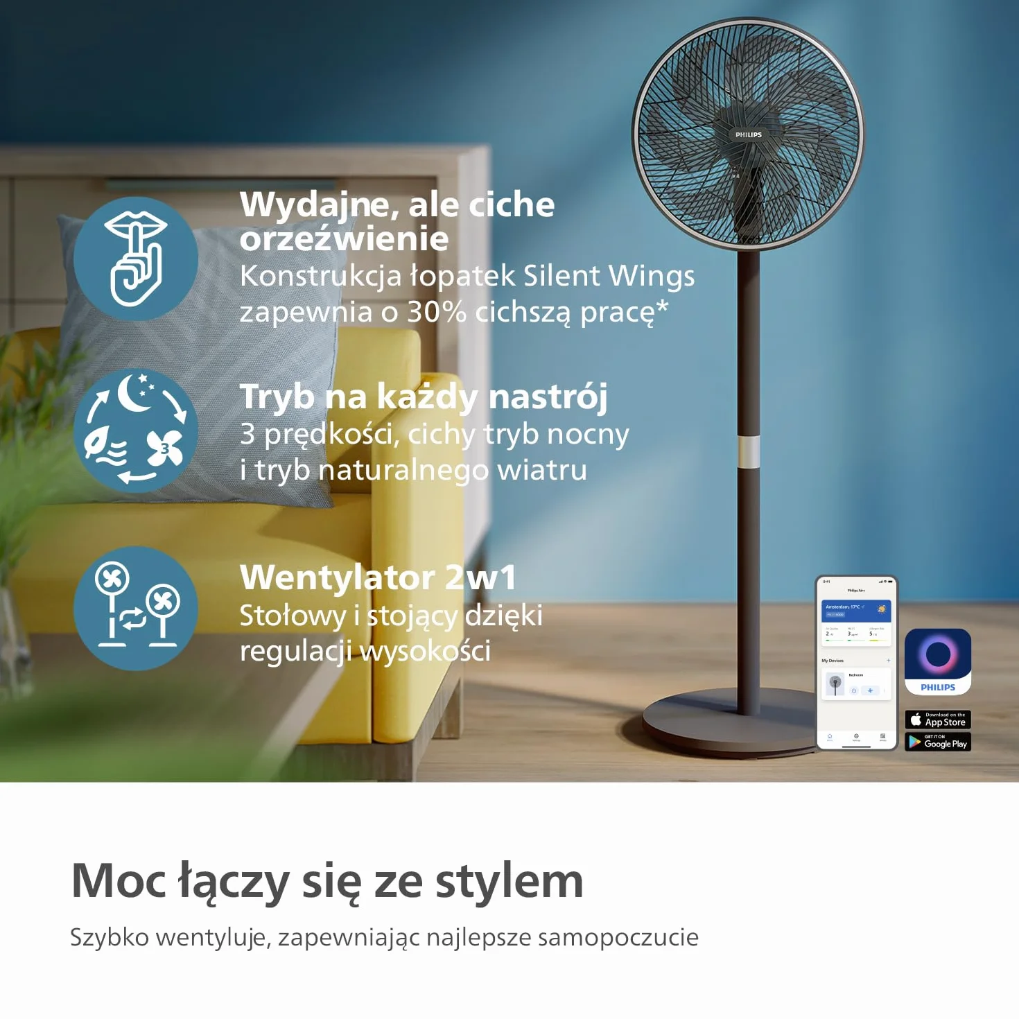 Inteligentny Wentylator Philips Seria 3000. Wydajny i Cichy Z Technologią SilentWings. 19 dB. Regulowana wysokość: wentylator Stołowy i Stojący 2w1. Odchylany i Obrotowy. Aplikacja. Czarny (CX3550/01)