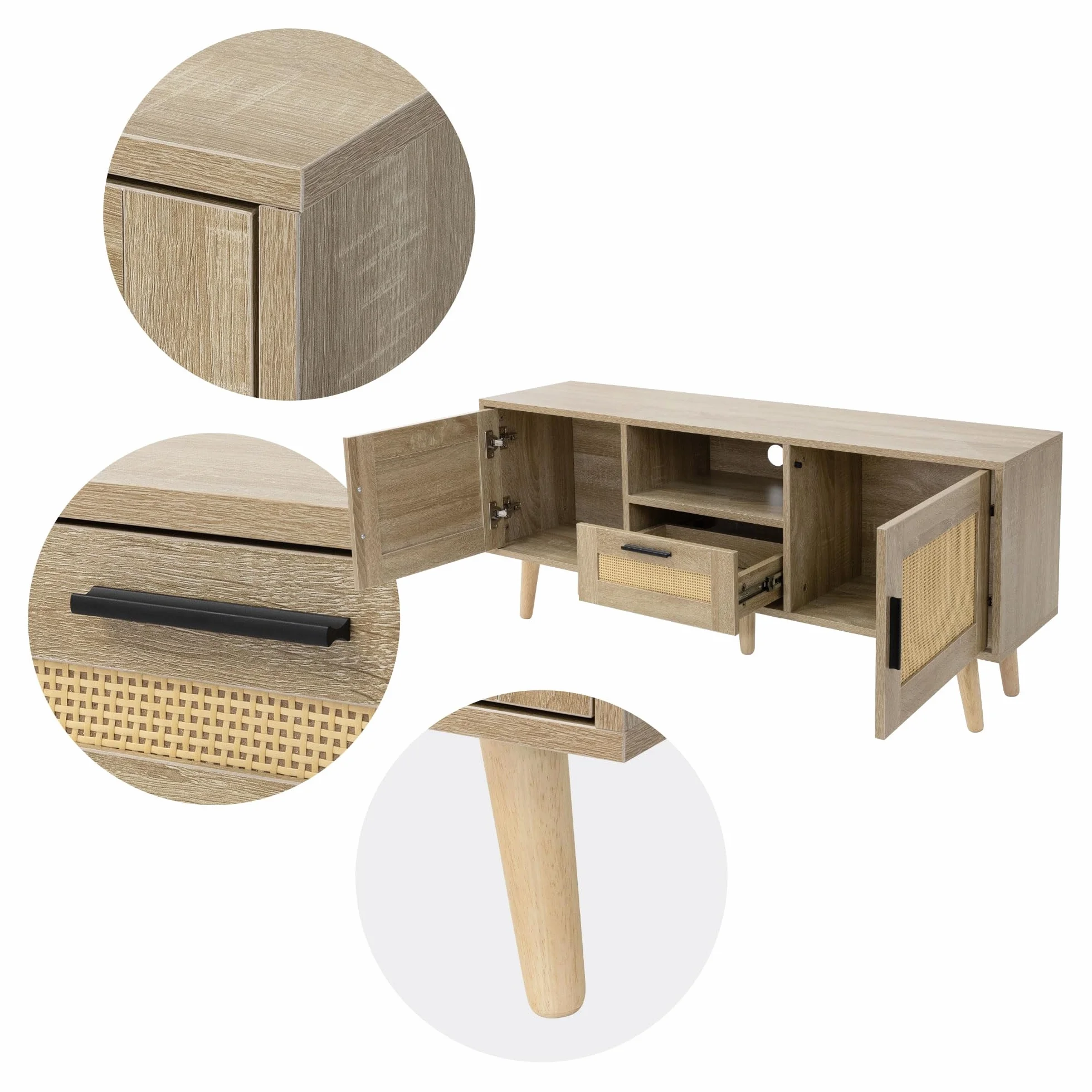 ML-Design szafka pod TV 120x50,5x30 cm w kolorze dębu stolik z 2 drzwiczkami szufladą i półką front rattanowy nogi z litego drewna idealna do salonu do telewizora 55 cali Funkcjonalna i elegancka