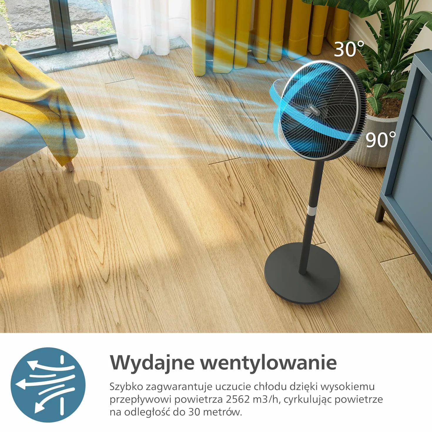 Inteligentny Wentylator Philips Seria 3000. Wydajny i Cichy Z Technologią SilentWings. 19 dB. Regulowana wysokość: wentylator Stołowy i Stojący 2w1. Odchylany i Obrotowy. Aplikacja. Czarny (CX3550/01)