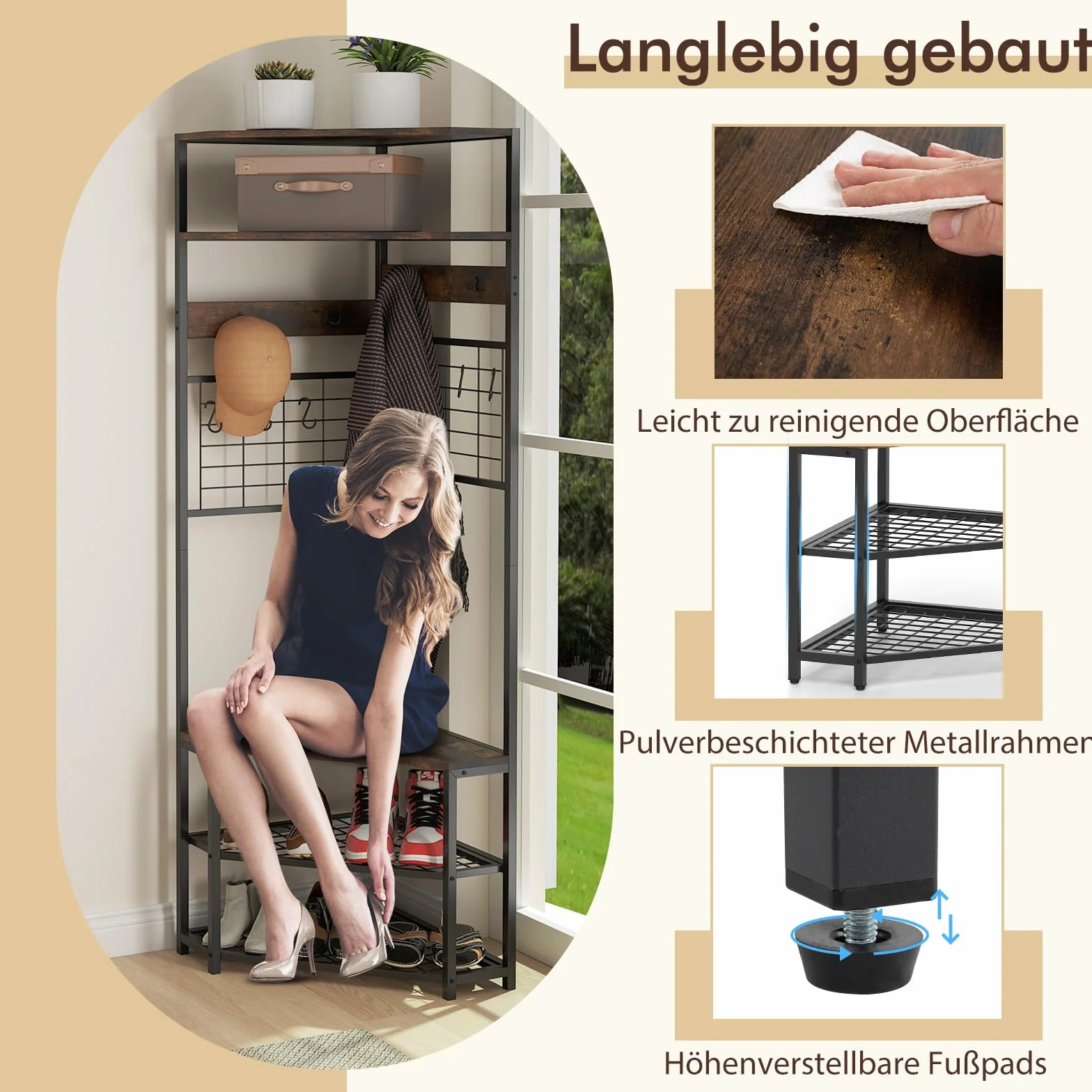 COSTWAY Narożny wieszak garderobiany 180 cm, 3 w 1, ławka do siedzenia i regał na buty, w zestawie 12 haczyków