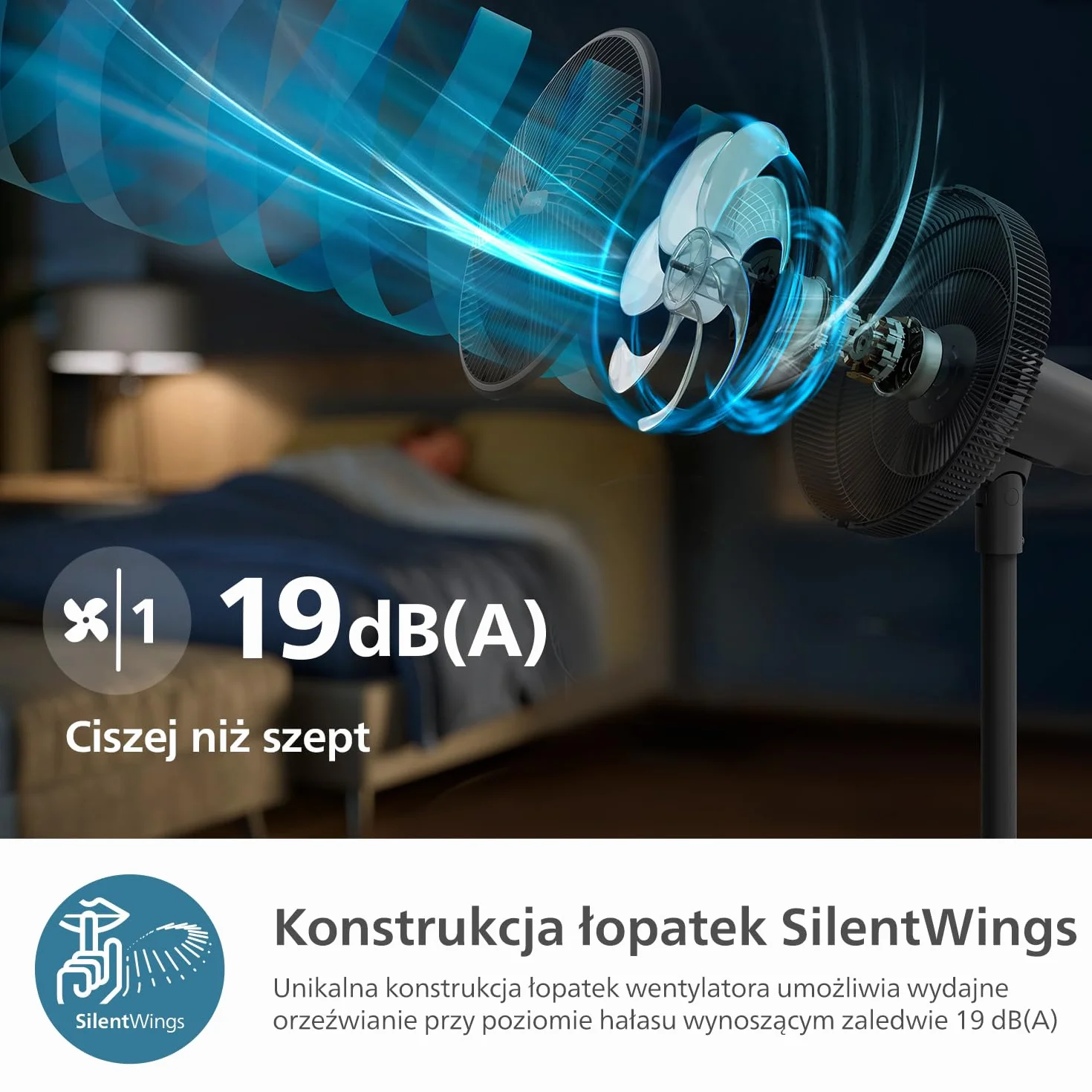 Inteligentny Wentylator Philips Seria 3000. Wydajny i Cichy Z Technologią SilentWings. 19 dB. Regulowana wysokość: wentylator Stołowy i Stojący 2w1. Odchylany i Obrotowy. Aplikacja. Czarny (CX3550/01)