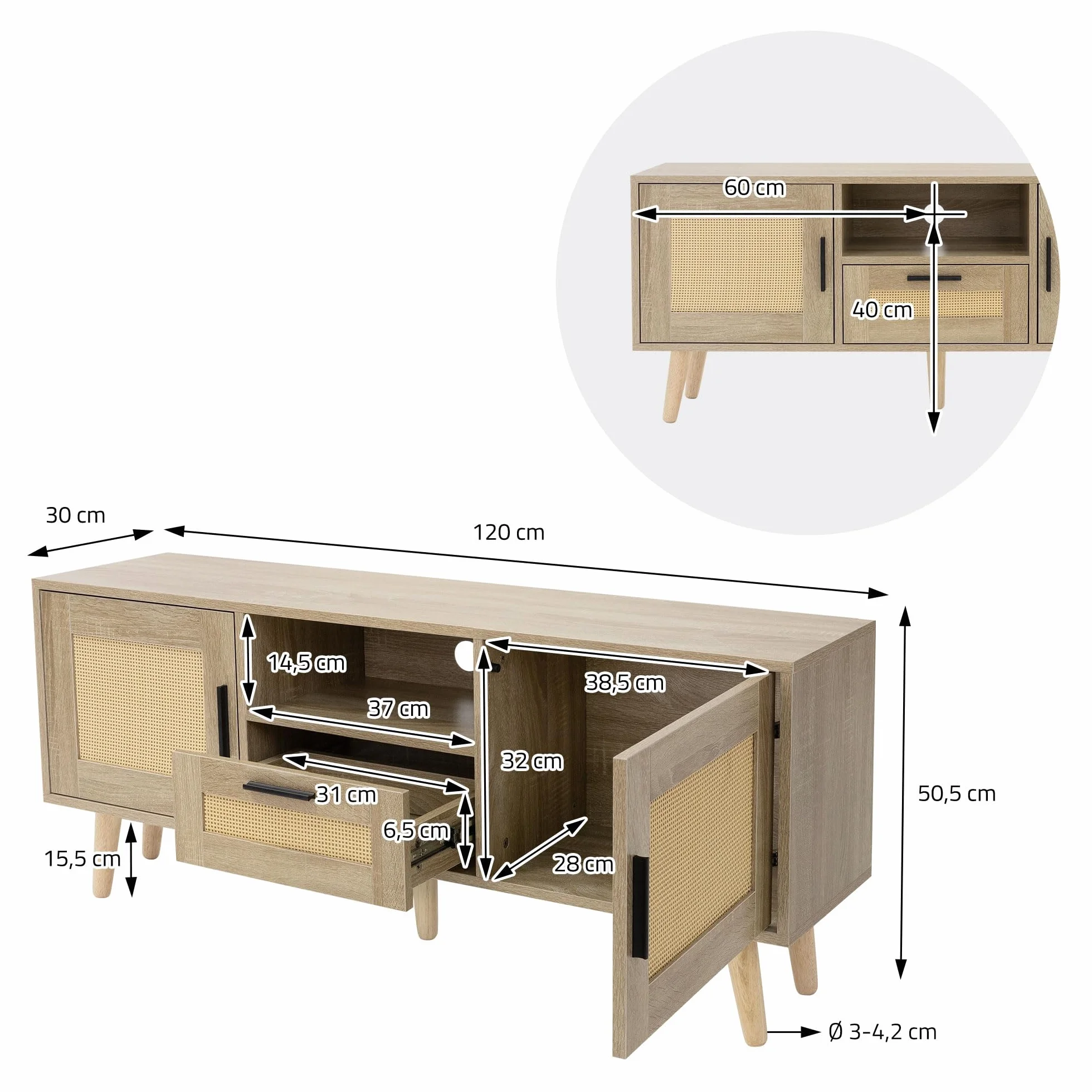 ML-Design szafka pod TV 120x50,5x30 cm w kolorze dębu stolik z 2 drzwiczkami szufladą i półką front rattanowy nogi z litego drewna idealna do salonu do telewizora 55 cali Funkcjonalna i elegancka