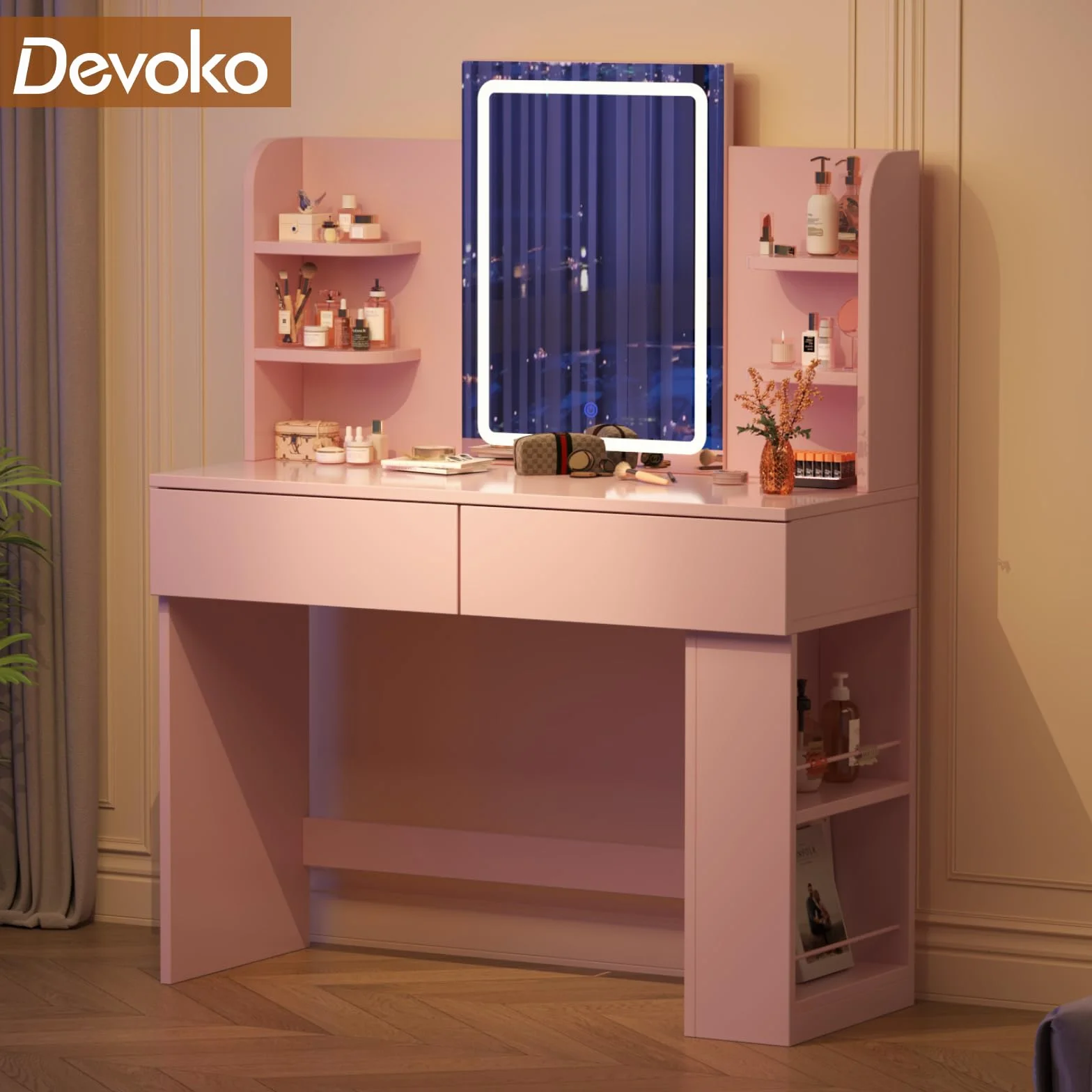 Devoko Toaletka do Makijażu z Lustrem LED – 3 Poziomy Jasności, Regulowane Półki, 2 Szuflady, Nowoczesny Stolik Kosmetyczny z Drewna do Sypialni (Różowa, 108CM)