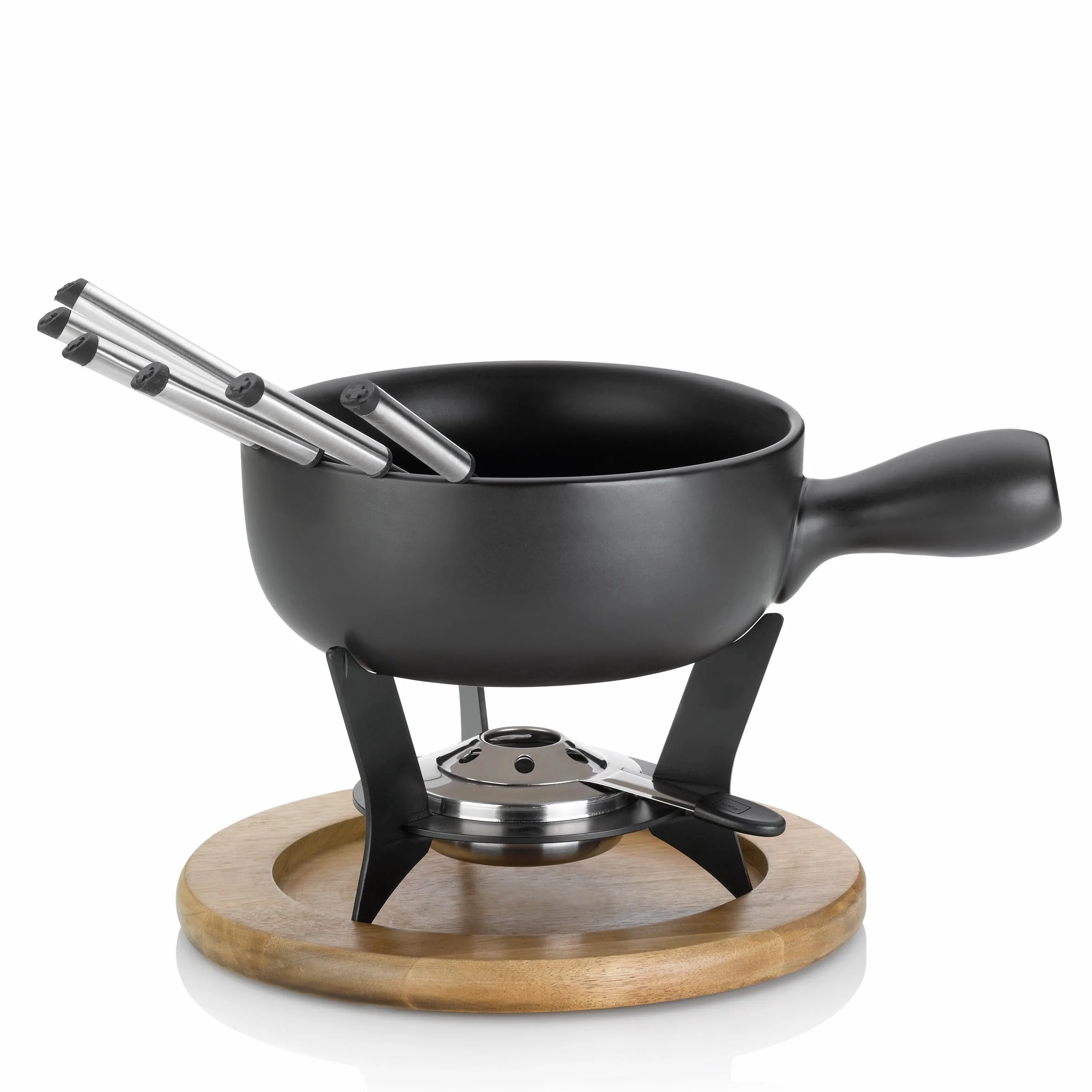 kela Country zestaw do fondue serowego 10-częściowy 25 cm 2 l ceramika czarny ogniotrwały garnek palnik podstawka drewno akacjowe 6 widelców