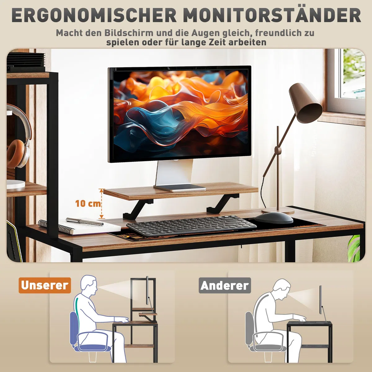 HOMCOM Biurko 150 x 48 cm, stolik pod komputer, podstawka na monitor i procesor, półka na drukarkę, 4 półki, metalowy stelaż sypialni brązowy