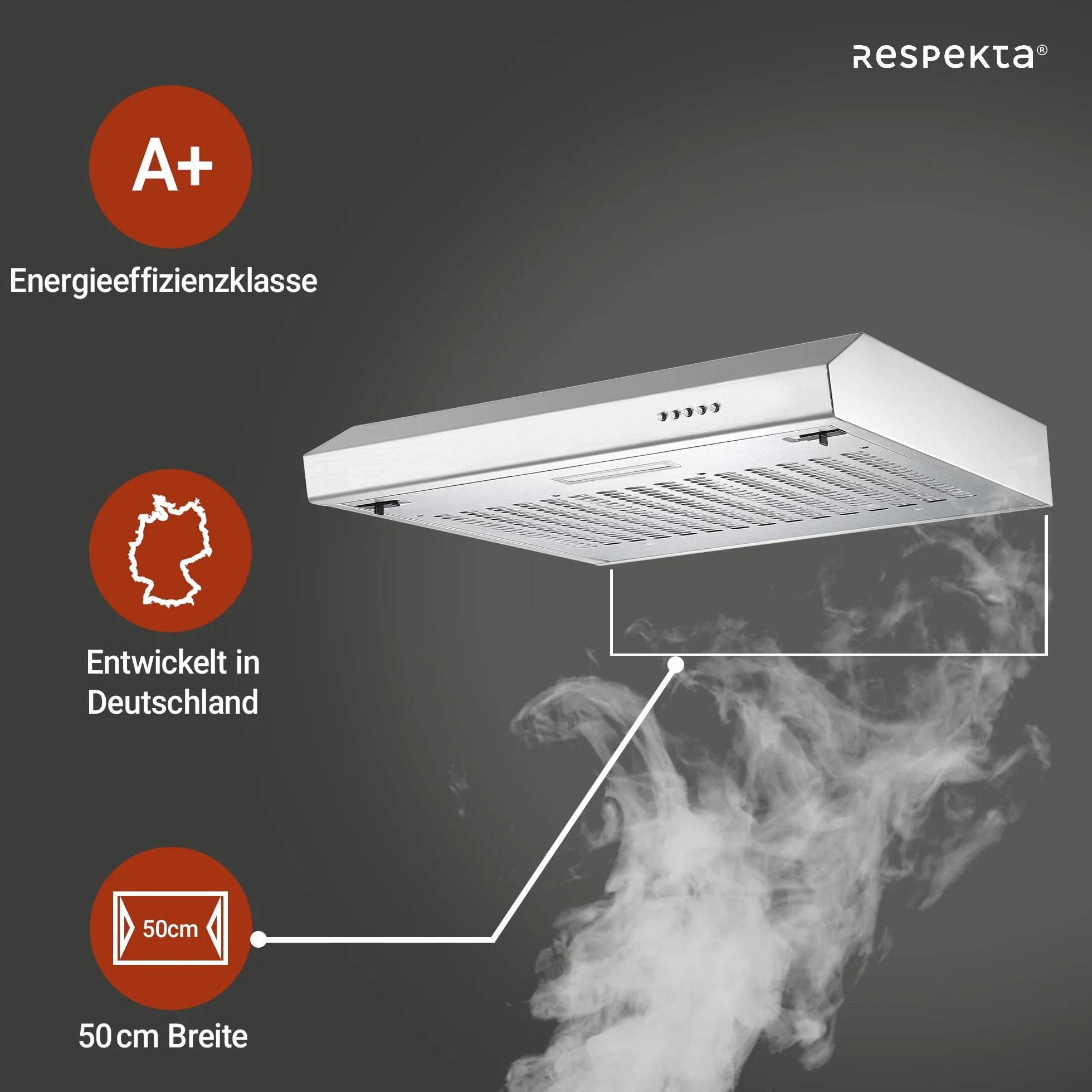 Respekta Sina okap podszafkowy 50 cm ze stali nierdzewnej/funkcja wyciągu i recyrkulacji / CH500IX-19 / stal nierdzewna wysokiej jakości/klasa A+ / poziom hałasu: 53–64 dB