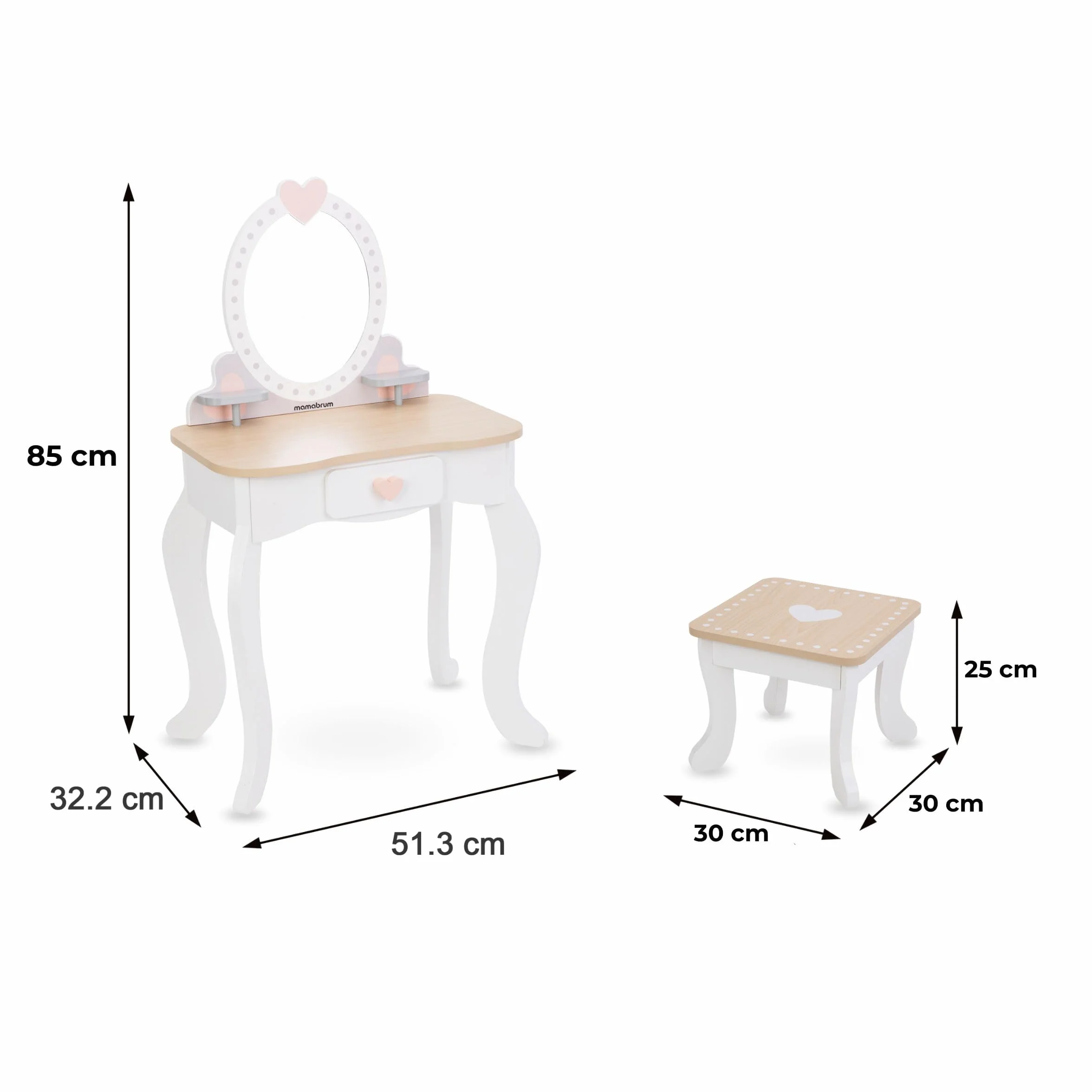 Mamabrum, Drewniany Make up Set, Toaletka z Taboretem i Akcesoriami, Toaletka, Taboret, Prostownica, Perfumy, Lakier do Paznokci, Szczotka do Włosów, Gumki do Włosów
