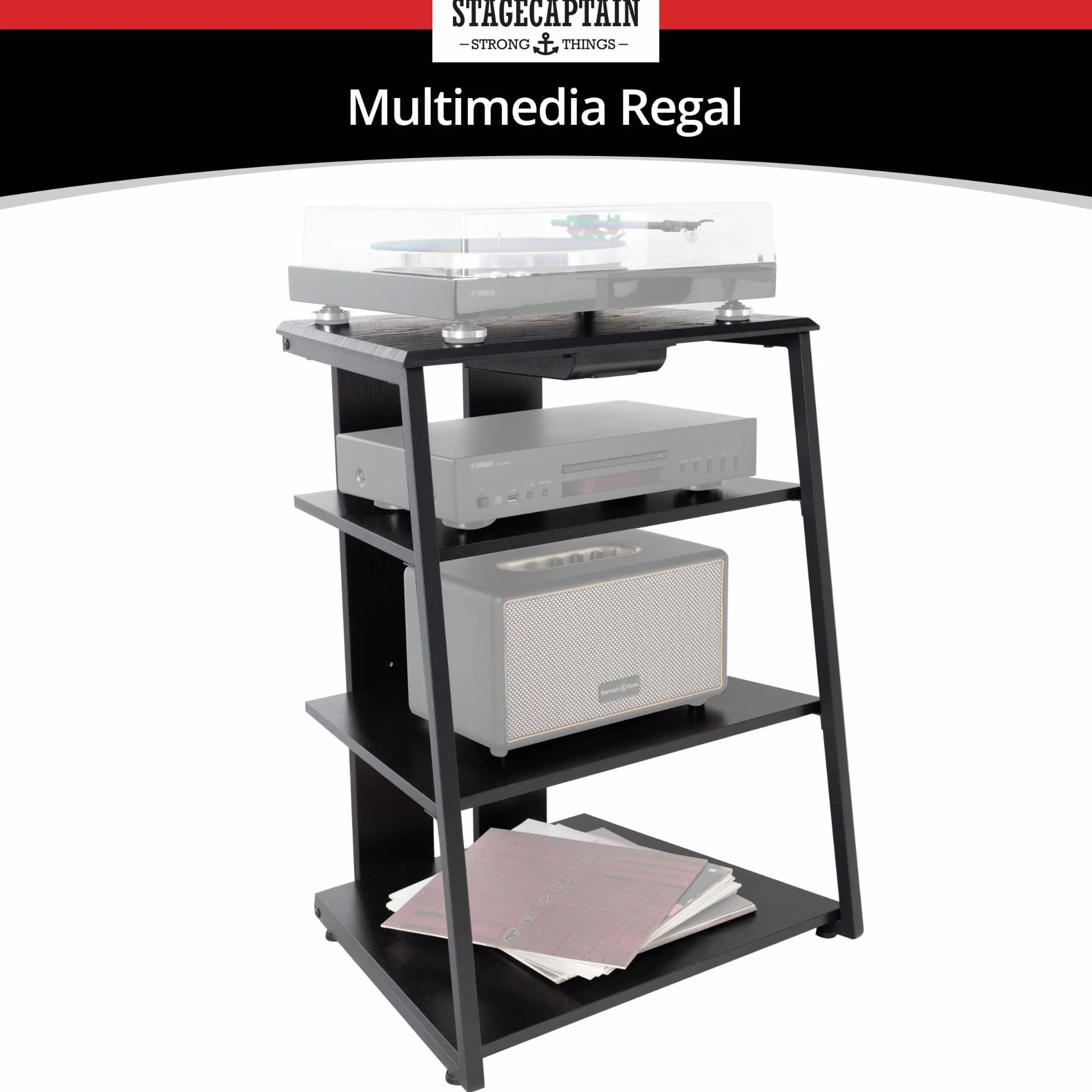 Stagecaptain HiFi Rack – czarny jesion o wyglądzie drewna, stalowy stelaż – 4 poziomy, regał HiFi, każdy udźwig 20-50 kg – szuflada i regulowane nóżki – idealny do gramofonów, komponentów HiFi itd.