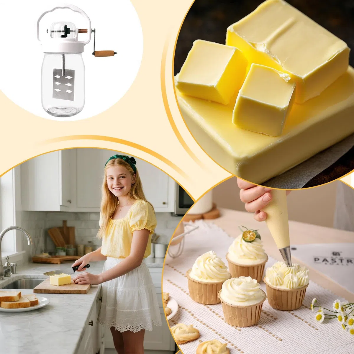 Ręczna Mieszarka z Korba 1.5L Ręczny Blender do Masła | ze Szklaną Butelką Ubijaczka do Jajek do Pieczenia Ciast, Chleba, Wypieków, Herbatników, Bita Śmietana