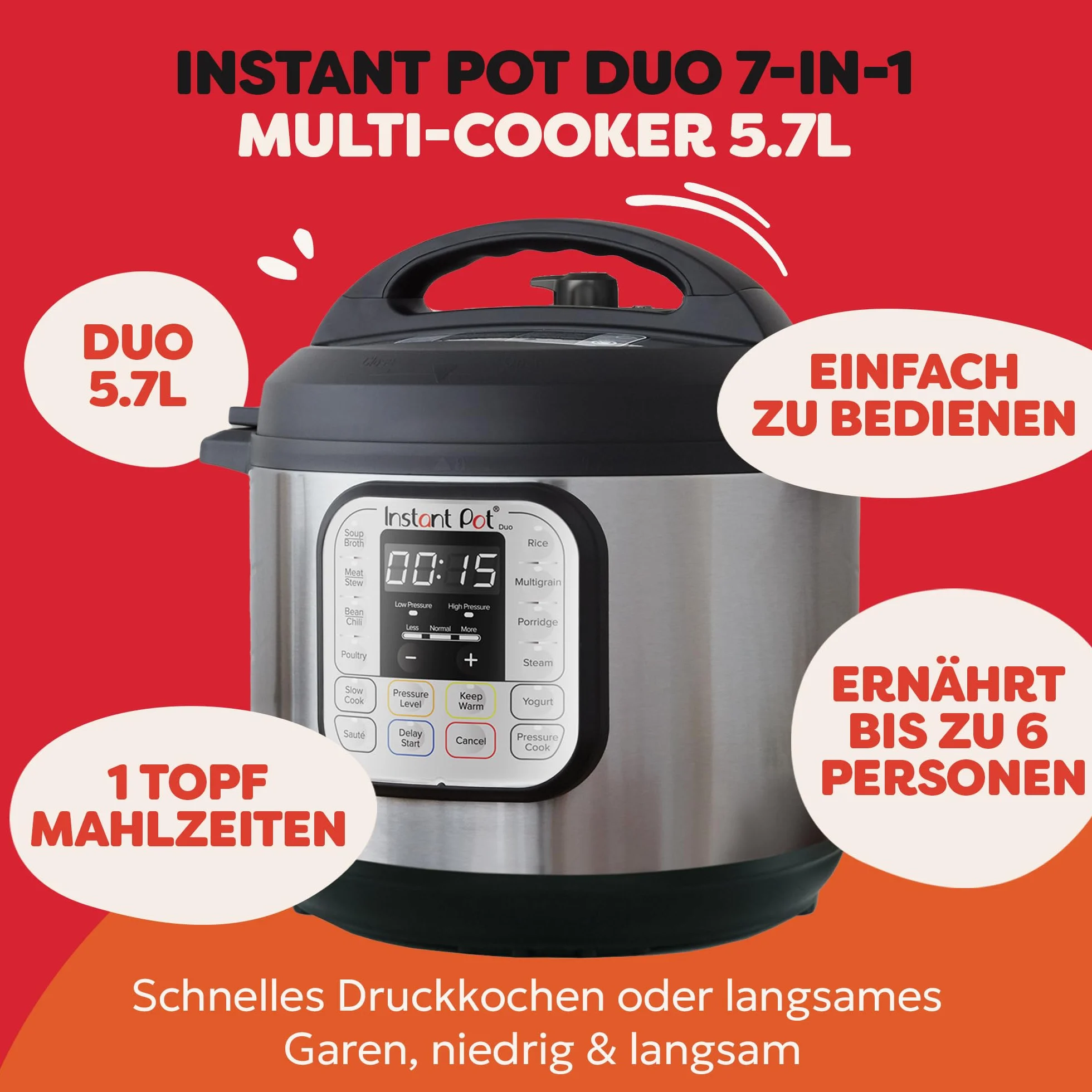 Instant Pot Duo 7-w-1 multicooker 5,7L – szczotkowana stal nierdzewna, duży szybkowar, wolnowar, ryżowar, patelnia do smażenia, jogurtownica, parownica i podgrzewacz żywności, zmywacza do zmywarki