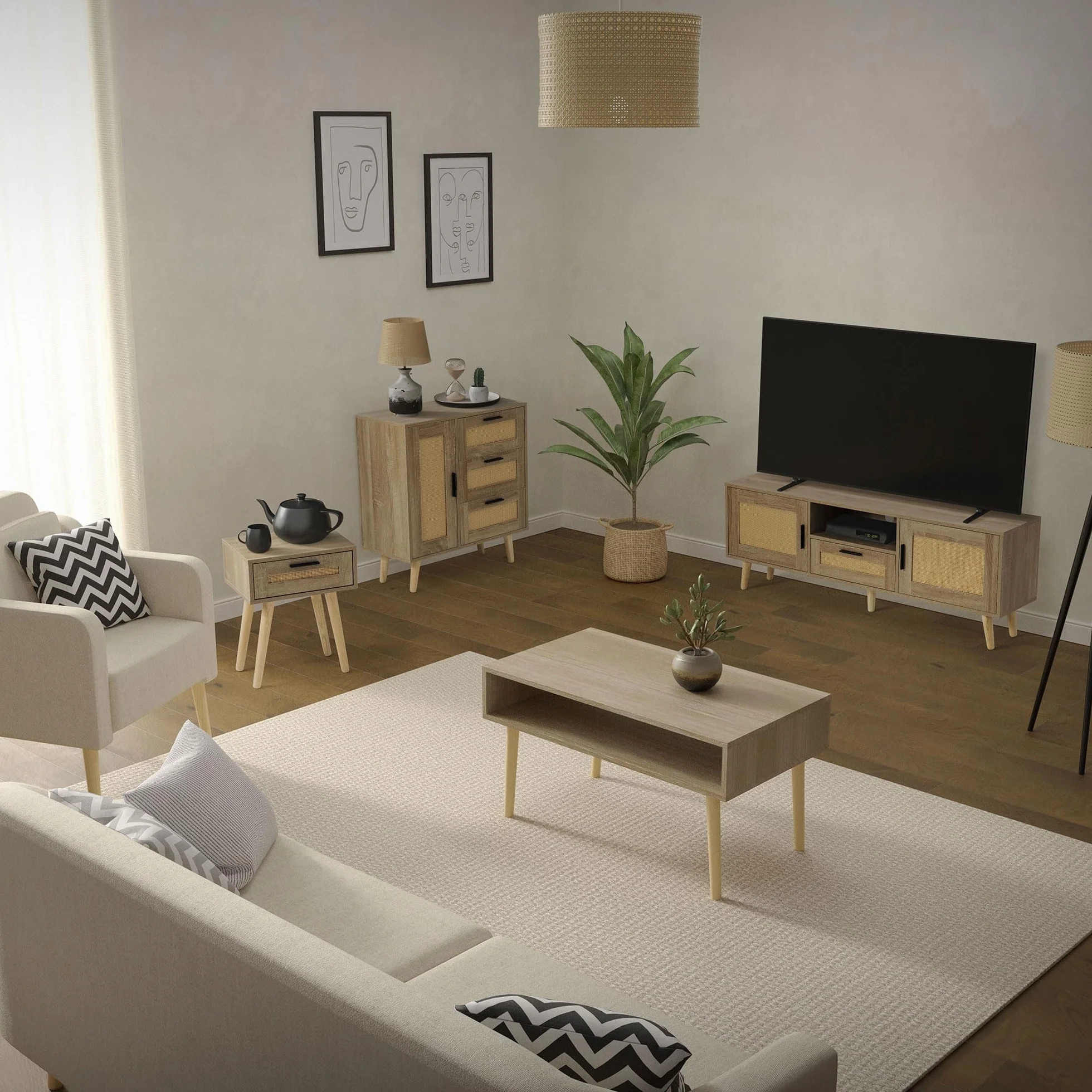 ML-Design szafka pod TV 120x50,5x30 cm w kolorze dębu stolik z 2 drzwiczkami szufladą i półką front rattanowy nogi z litego drewna idealna do salonu do telewizora 55 cali Funkcjonalna i elegancka