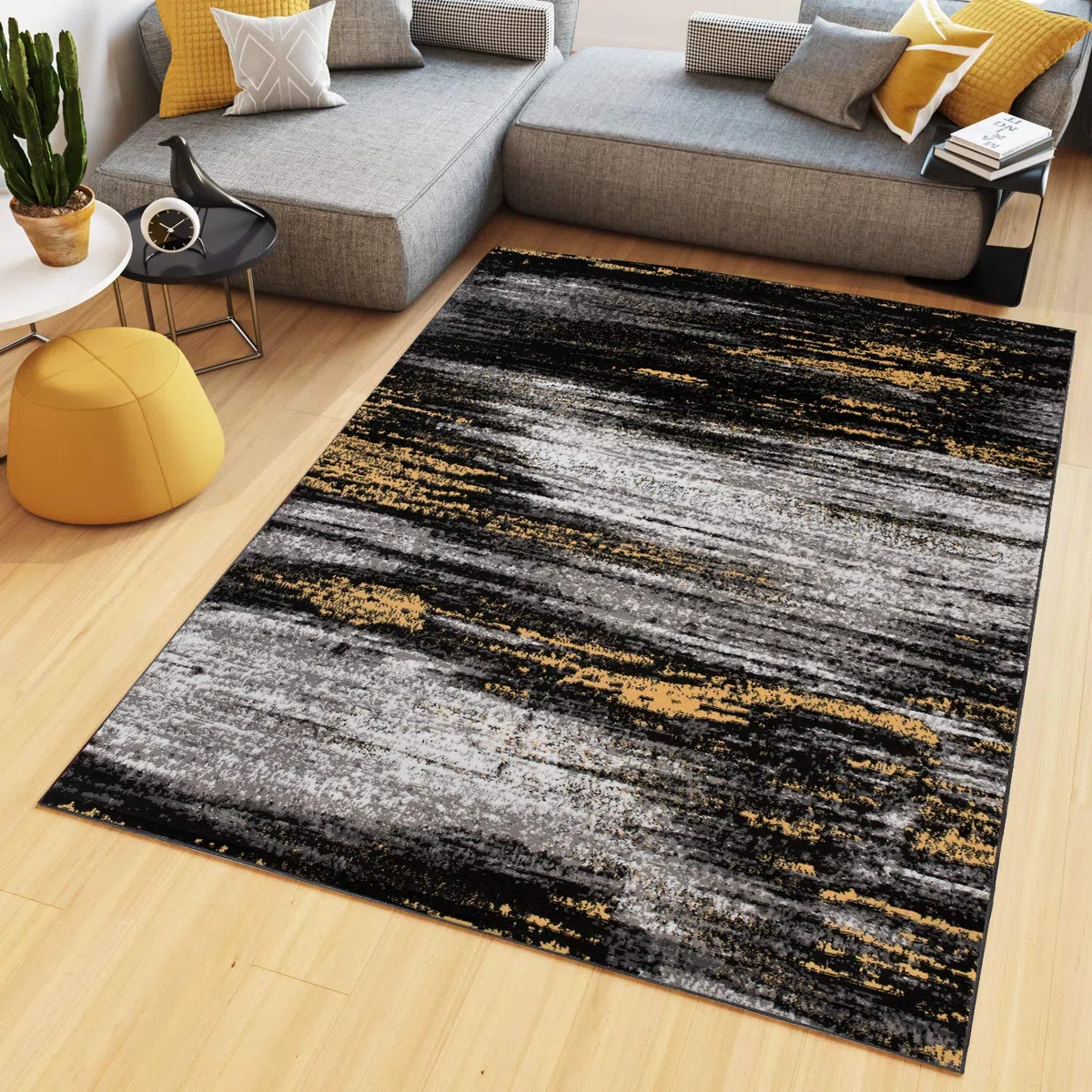 TAPISO Maya Dywan z krótkim włosiem, nowoczesny, rozmyty, melanż, w paski, czarny, szary, żółty, biały, do salonu, sypialni, Öko-Tex 200 x 200 cm