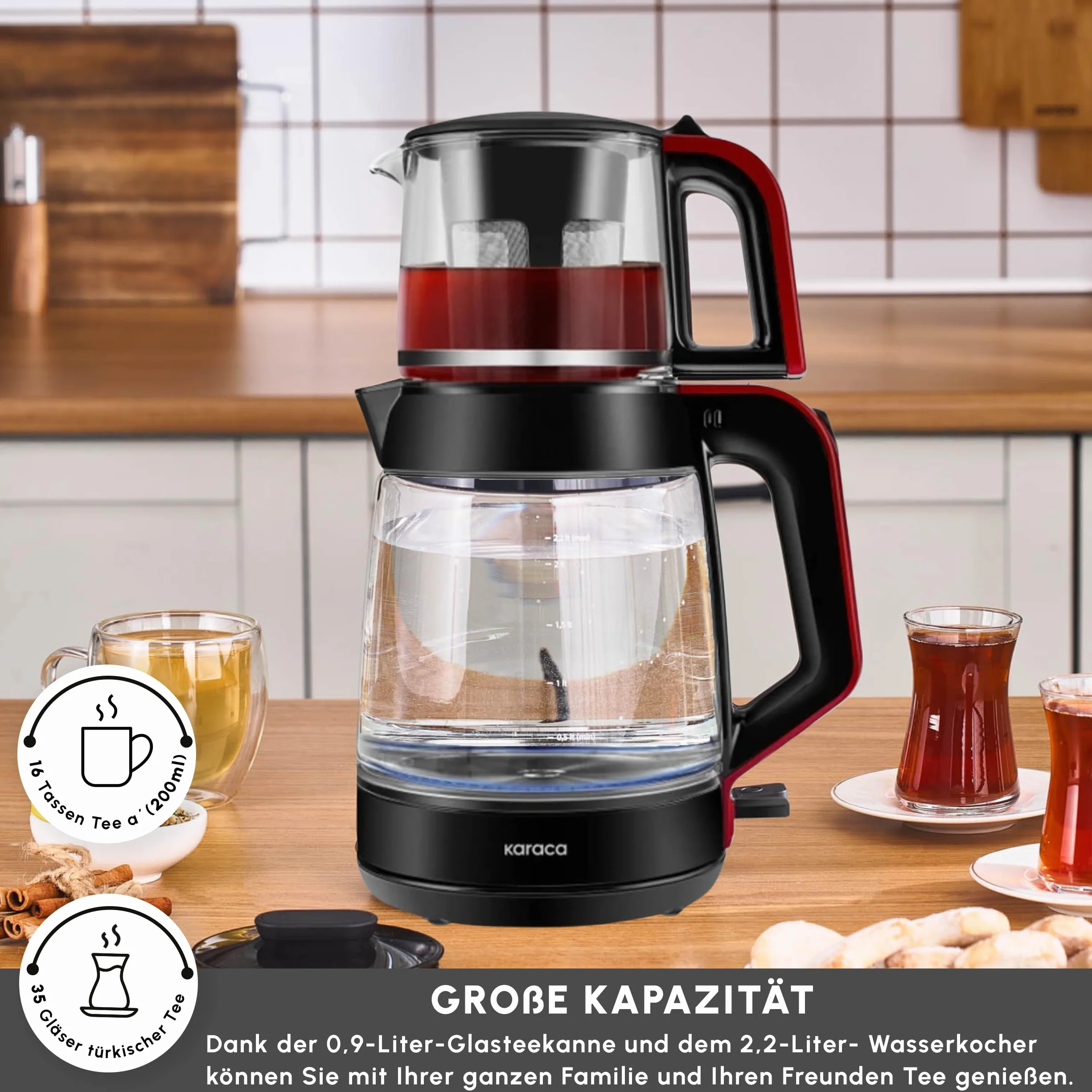 Karaca Turecki ekspres do herbaty, czajnik elektryczny z kontrolą temperatury 2,2 l, szklany dzbanek do herbaty z zaparzaczem 0,9 l, wielofunkcyjny ekspres do herbaty 1900 W, czerwony