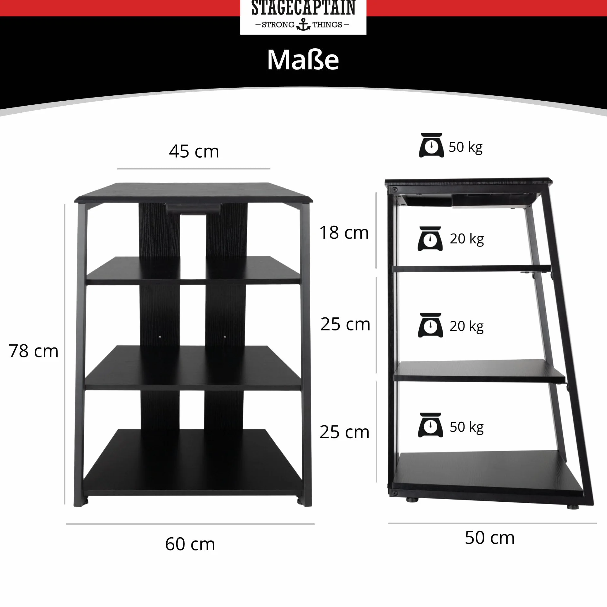 Stagecaptain HiFi Rack – czarny jesion o wyglądzie drewna, stalowy stelaż – 4 poziomy, regał HiFi, każdy udźwig 20-50 kg – szuflada i regulowane nóżki – idealny do gramofonów, komponentów HiFi itd.