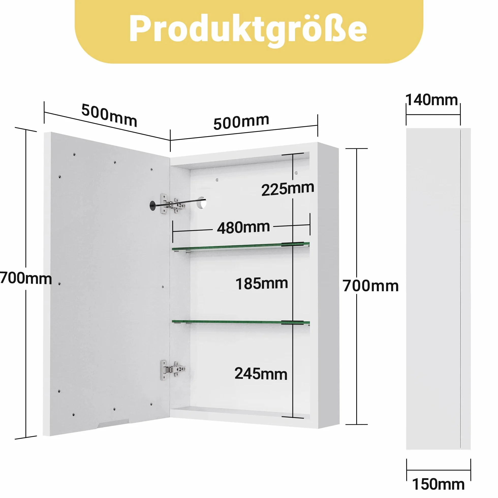Szafka łazienkowa z lustrem, z oświetleniem, 50 x 70 cm, szafka łazienkowa z lustrem i regulowanym regałem, szafka do przechowywania, szafka wisząca z 3 temperaturami barwowymi, ściemniana i