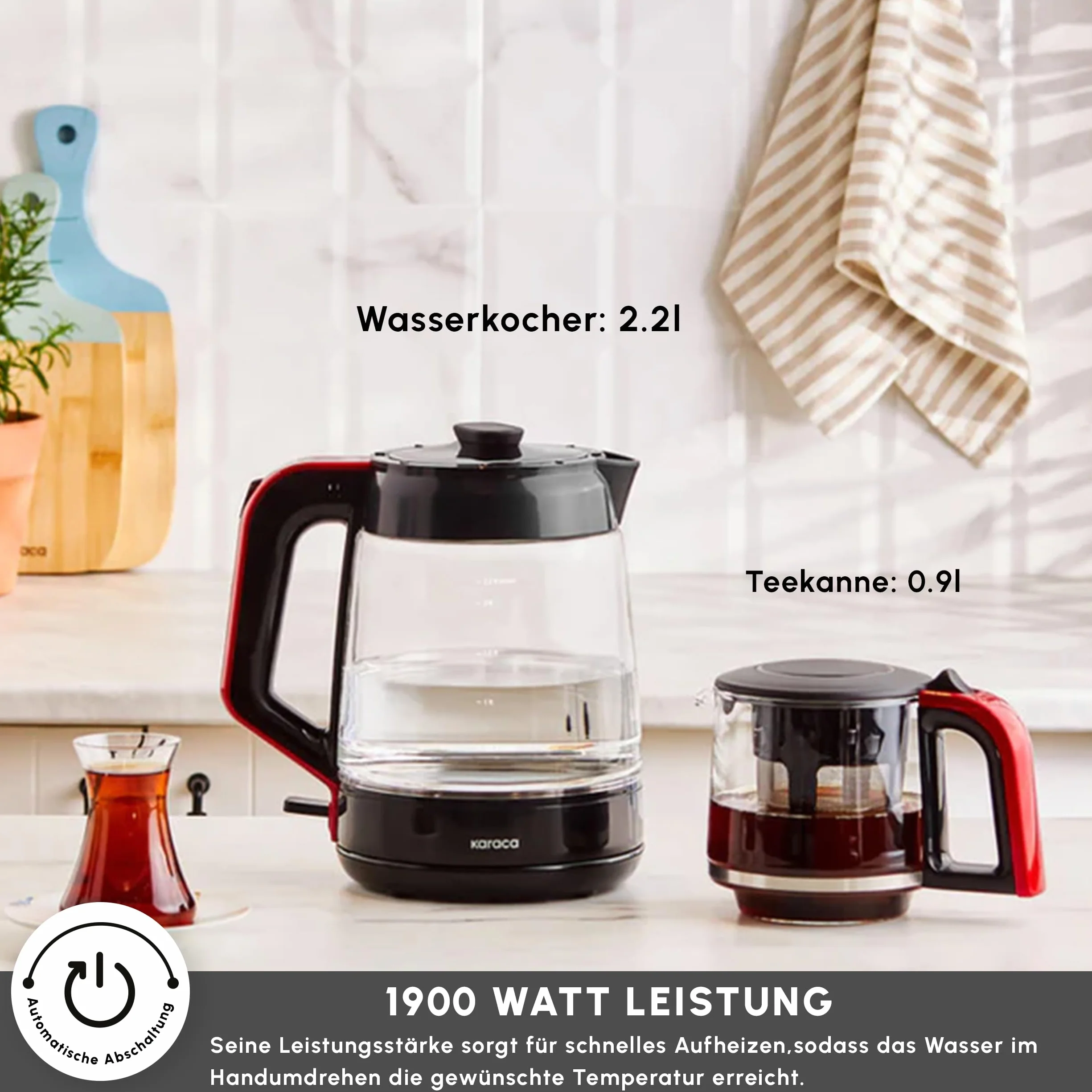 Karaca Turecki ekspres do herbaty, czajnik elektryczny z kontrolą temperatury 2,2 l, szklany dzbanek do herbaty z zaparzaczem 0,9 l, wielofunkcyjny ekspres do herbaty 1900 W, czerwony