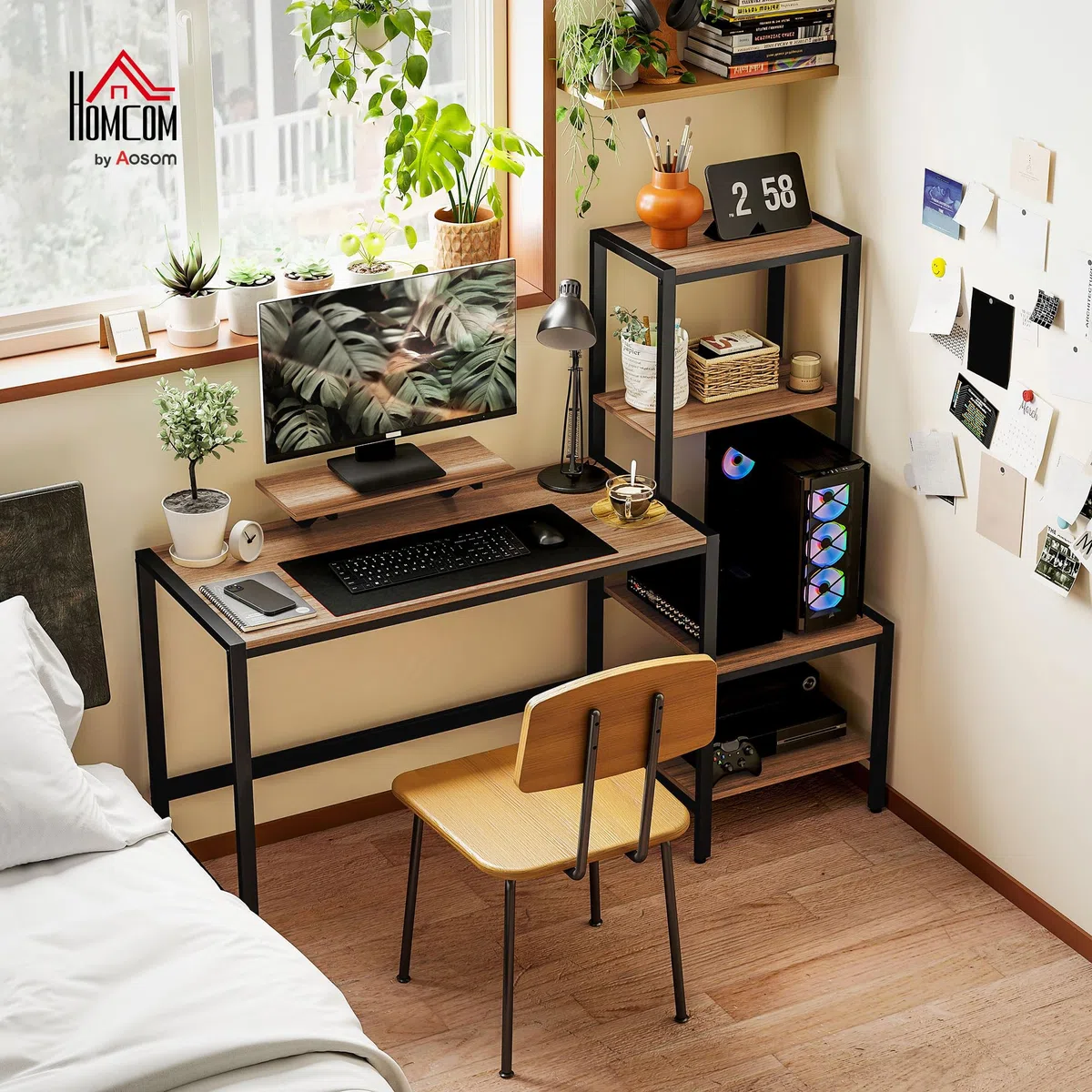 HOMCOM Biurko 150 x 48 cm, stolik pod komputer, podstawka na monitor i procesor, półka na drukarkę, 4 półki, metalowy stelaż sypialni brązowy