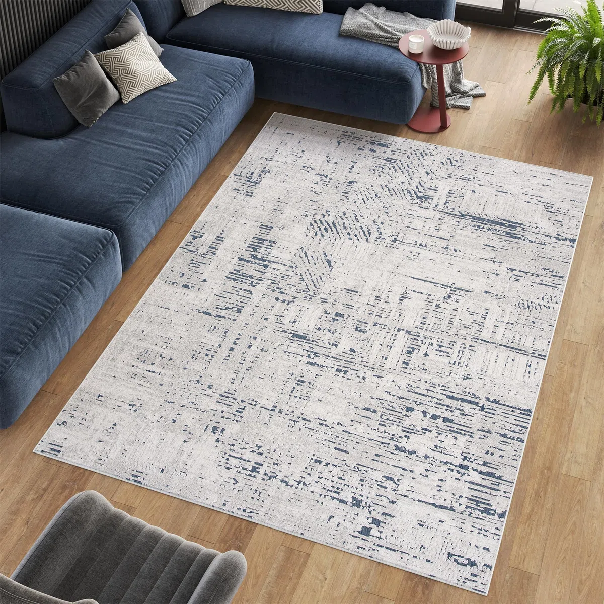 Tapiso Lotus dywan z krótkim włosiem, kremowy, niebieski, ecru, nowoczesne wzornictwo, do salonu, sypialni, w formie pętli, wygląd 3D, Ökotex 160 x 220 cm