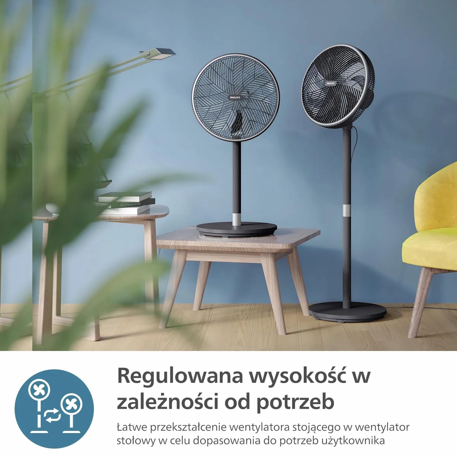 Inteligentny Wentylator Philips Seria 3000. Wydajny i Cichy Z Technologią SilentWings. 19 dB. Regulowana wysokość: wentylator Stołowy i Stojący 2w1. Odchylany i Obrotowy. Aplikacja. Czarny (CX3550/01)