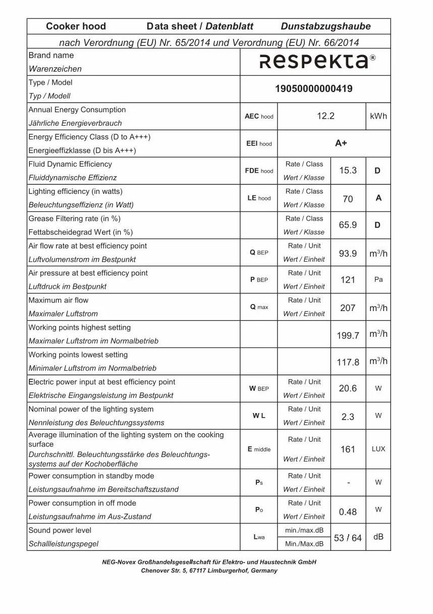 Respekta Sina okap podszafkowy 50 cm ze stali nierdzewnej/funkcja wyciągu i recyrkulacji / CH500IX-19 / stal nierdzewna wysokiej jakości/klasa A+ / poziom hałasu: 53–64 dB