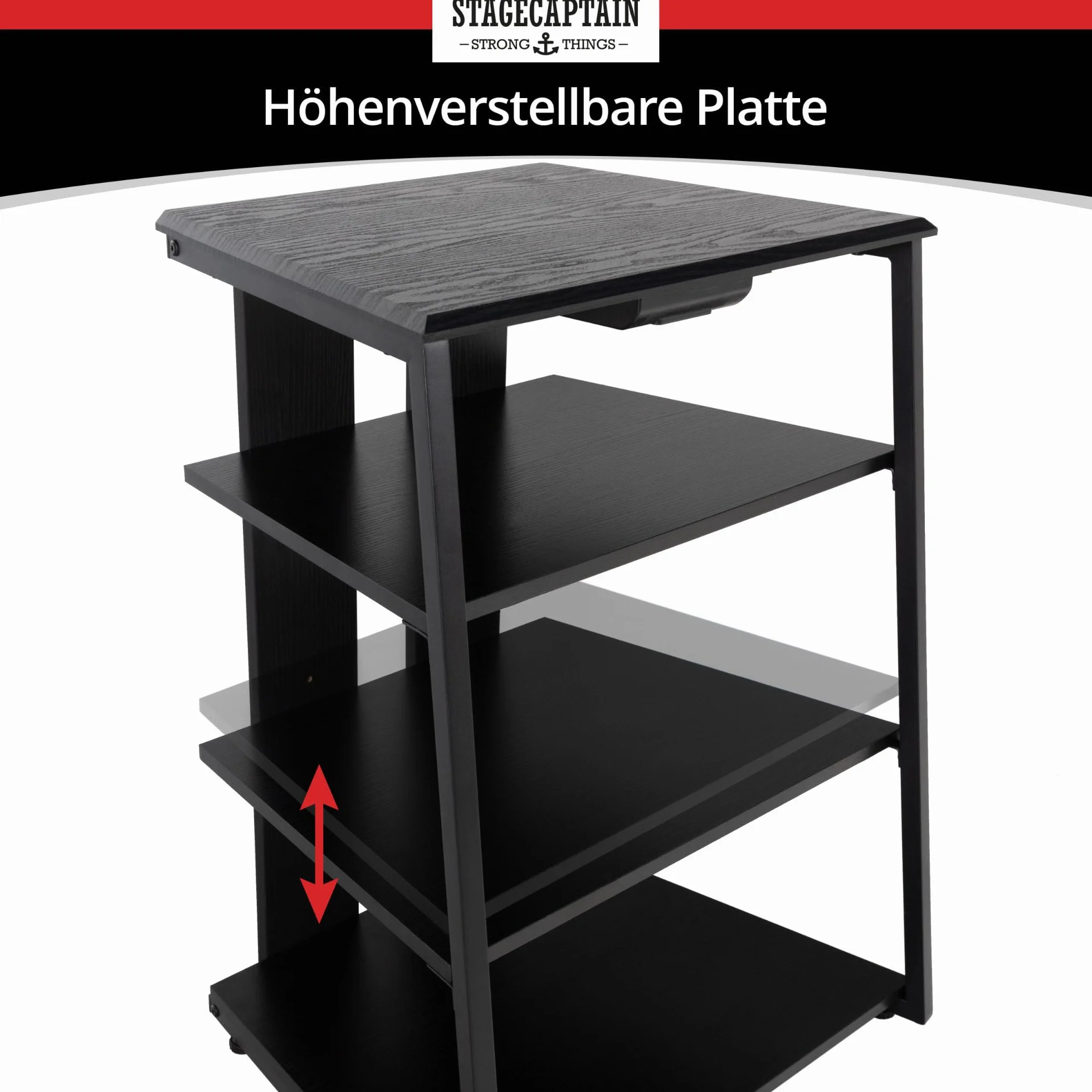 Stagecaptain HiFi Rack – czarny jesion o wyglądzie drewna, stalowy stelaż – 4 poziomy, regał HiFi, każdy udźwig 20-50 kg – szuflada i regulowane nóżki – idealny do gramofonów, komponentów HiFi itd.