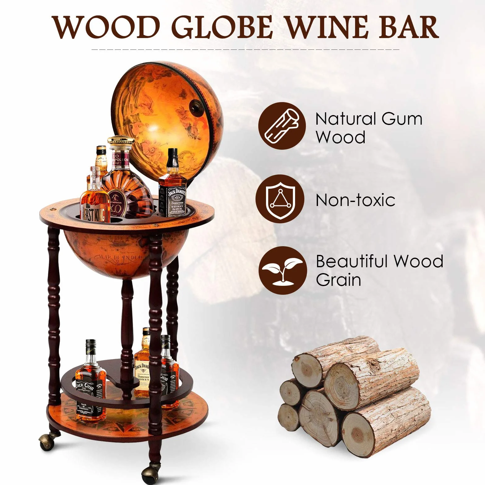 COSTWAY Globus Bar wózek barowy, barek globusowy, minibar regał na wino z kółkami brązowy