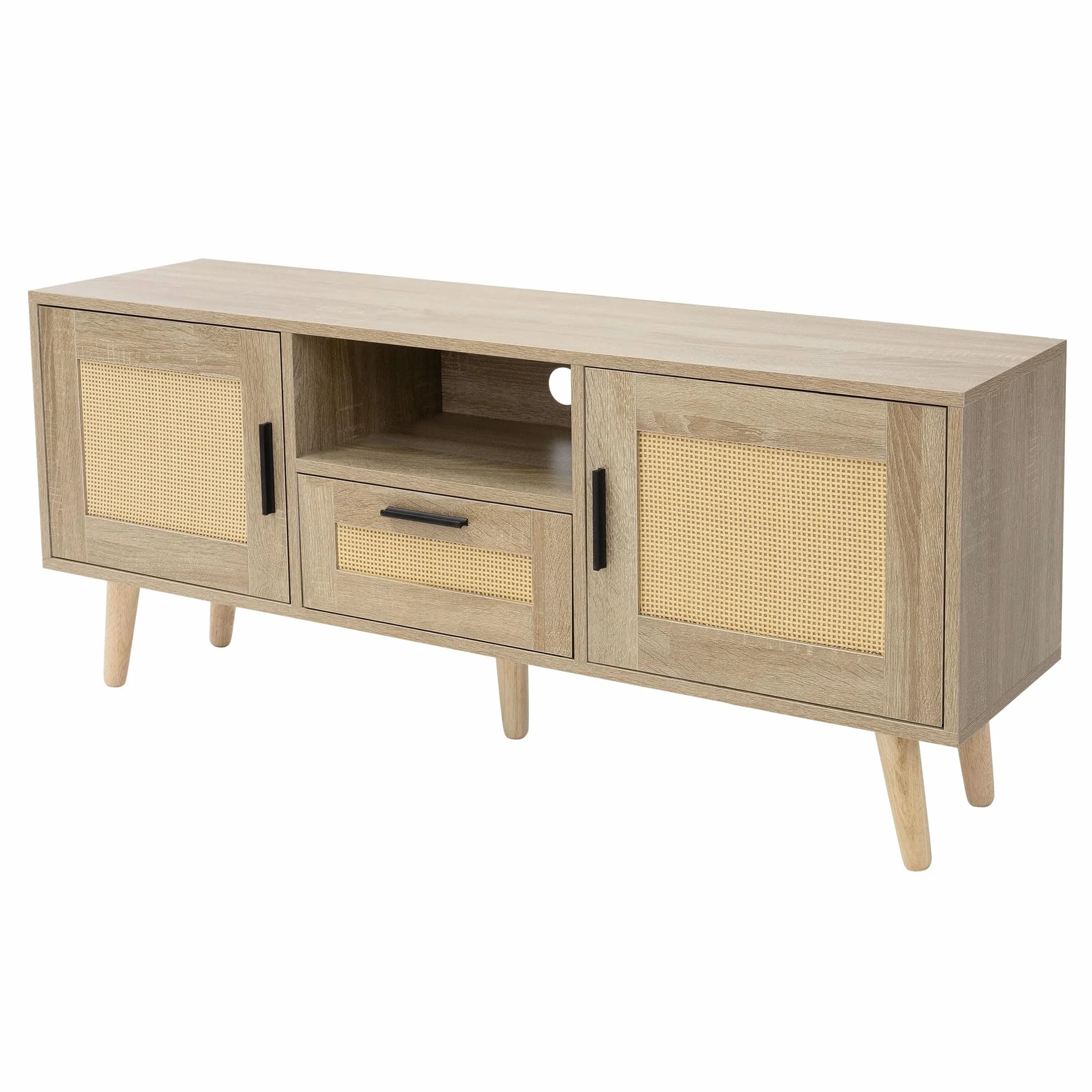 ML-Design szafka pod TV 120x50,5x30 cm w kolorze dębu stolik z 2 drzwiczkami szufladą i półką front rattanowy nogi z litego drewna idealna do salonu do telewizora 55 cali Funkcjonalna i elegancka