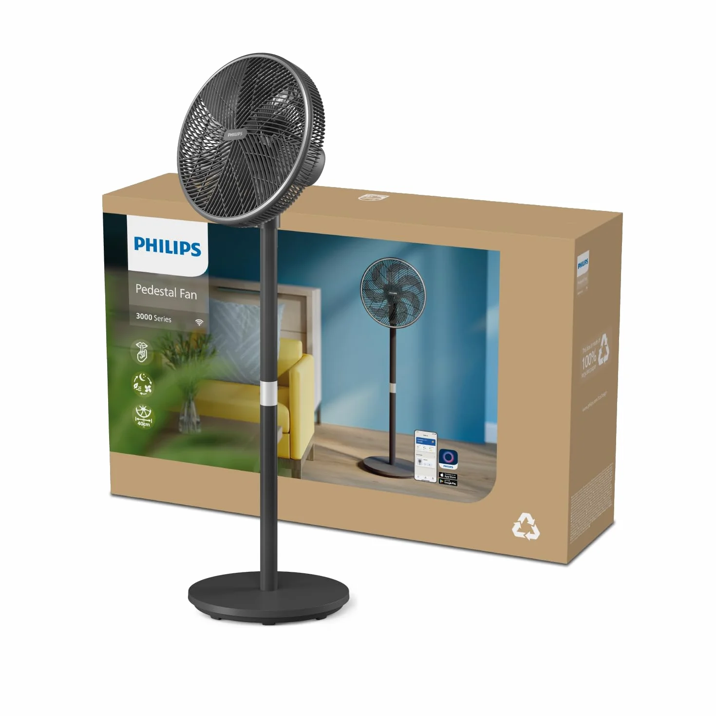 Inteligentny Wentylator Philips Seria 3000. Wydajny i Cichy Z Technologią SilentWings. 19 dB. Regulowana wysokość: wentylator Stołowy i Stojący 2w1. Odchylany i Obrotowy. Aplikacja. Czarny (CX3550/01)