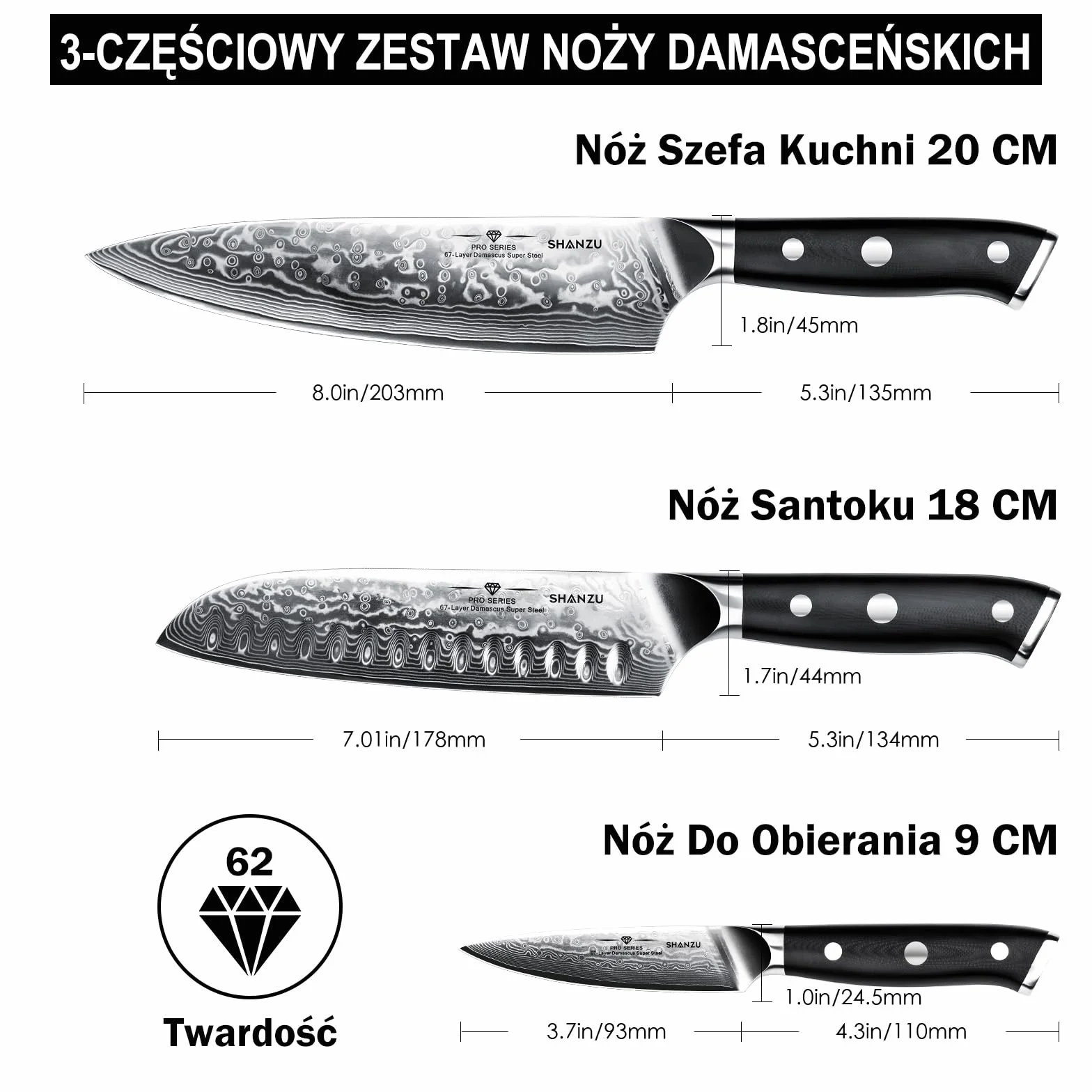SHAN ZU Zestaw 3 NożY DamasceńSkich, JapońSki Zestaw NożY Kuchennych Ze Stali Super DamasceńSkiej, Profesjonalny Zestaw Bardzo Ostrych NożY Szefa Kuchni Z Uchwytem G10 W PudełKu Prezentowym