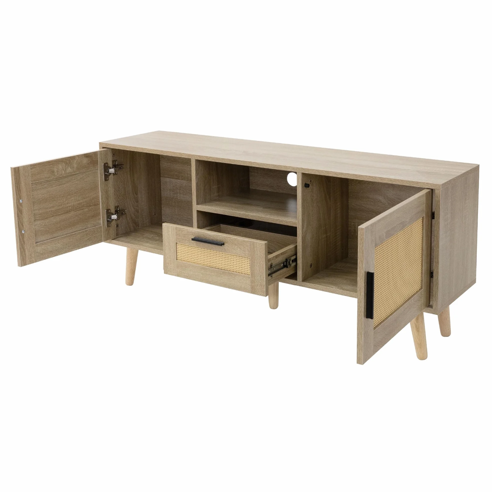 ML-Design szafka pod TV 120x50,5x30 cm w kolorze dębu stolik z 2 drzwiczkami szufladą i półką front rattanowy nogi z litego drewna idealna do salonu do telewizora 55 cali Funkcjonalna i elegancka