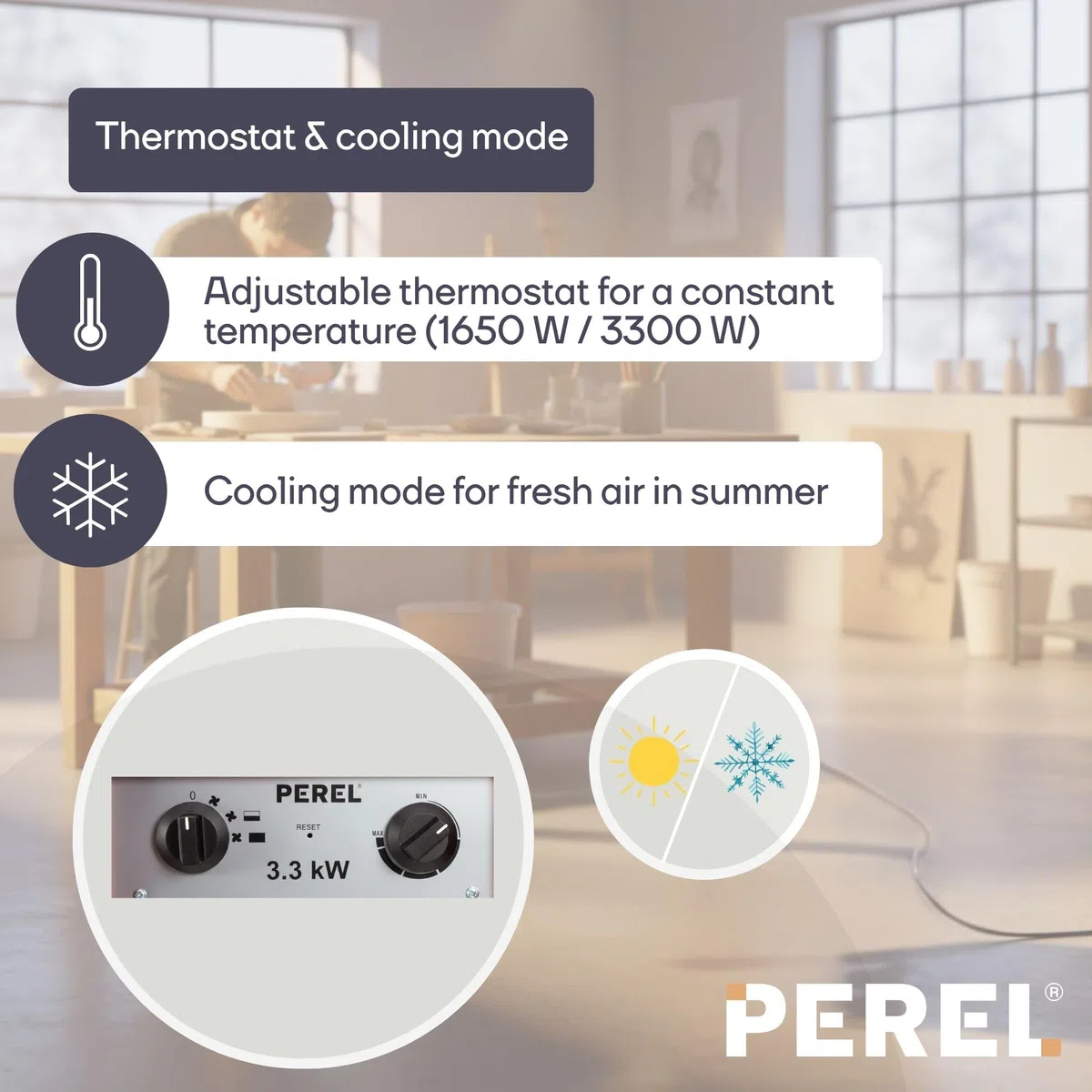 Perel Elektryczny grzejnik wentylatorowy 3300W, 2 poziomy grzania, termostat i funkcja chłodzenia, IP24, zabezpieczenie przed przegrzaniem, kompaktowy przenośny grzejnik do warsztatu, garażu lub