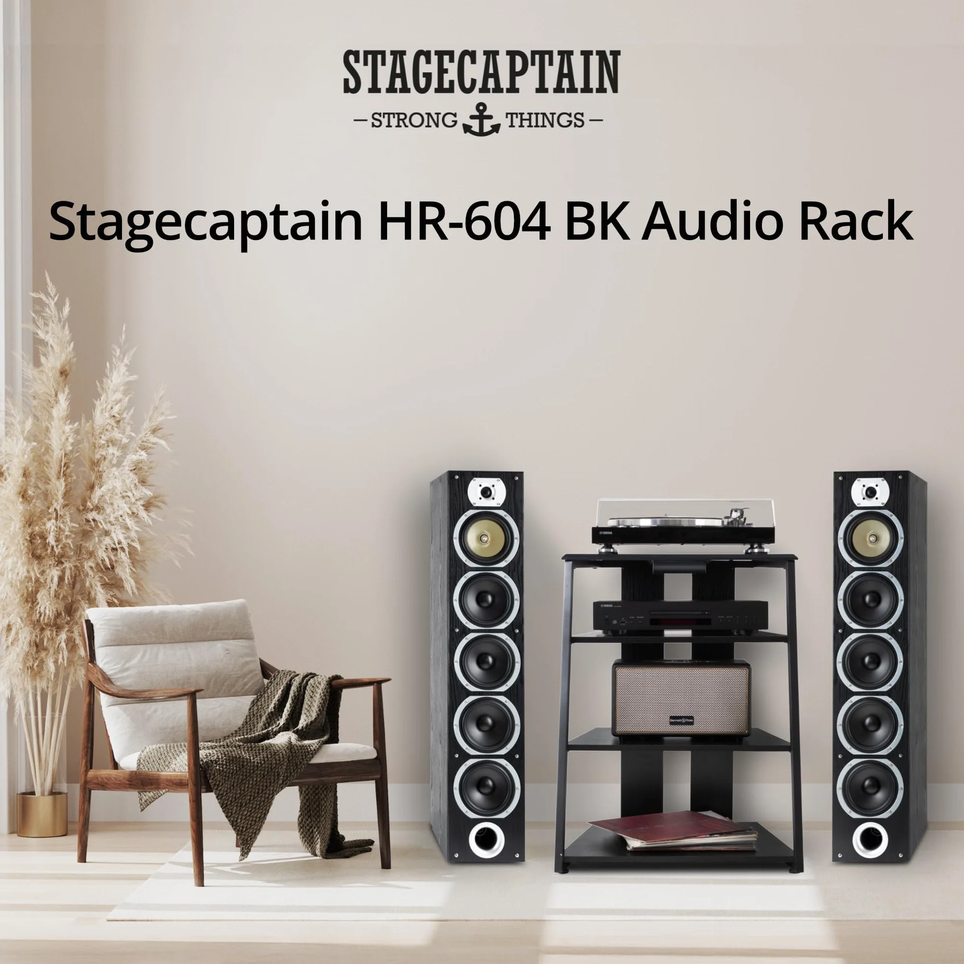 Stagecaptain HiFi Rack – czarny jesion o wyglądzie drewna, stalowy stelaż – 4 poziomy, regał HiFi, każdy udźwig 20-50 kg – szuflada i regulowane nóżki – idealny do gramofonów, komponentów HiFi itd.