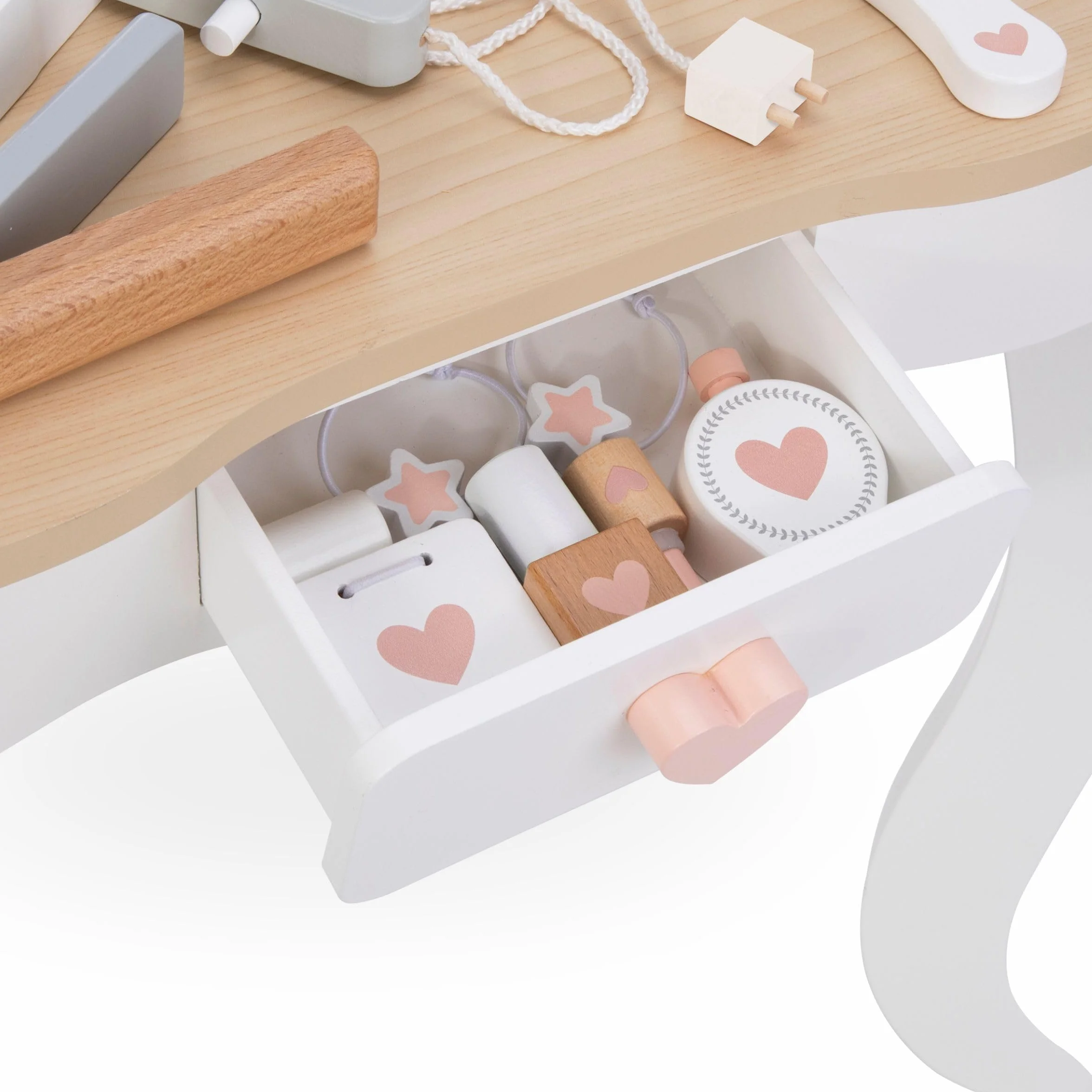 Mamabrum, Drewniany Make up Set, Toaletka z Taboretem i Akcesoriami, Toaletka, Taboret, Prostownica, Perfumy, Lakier do Paznokci, Szczotka do Włosów, Gumki do Włosów