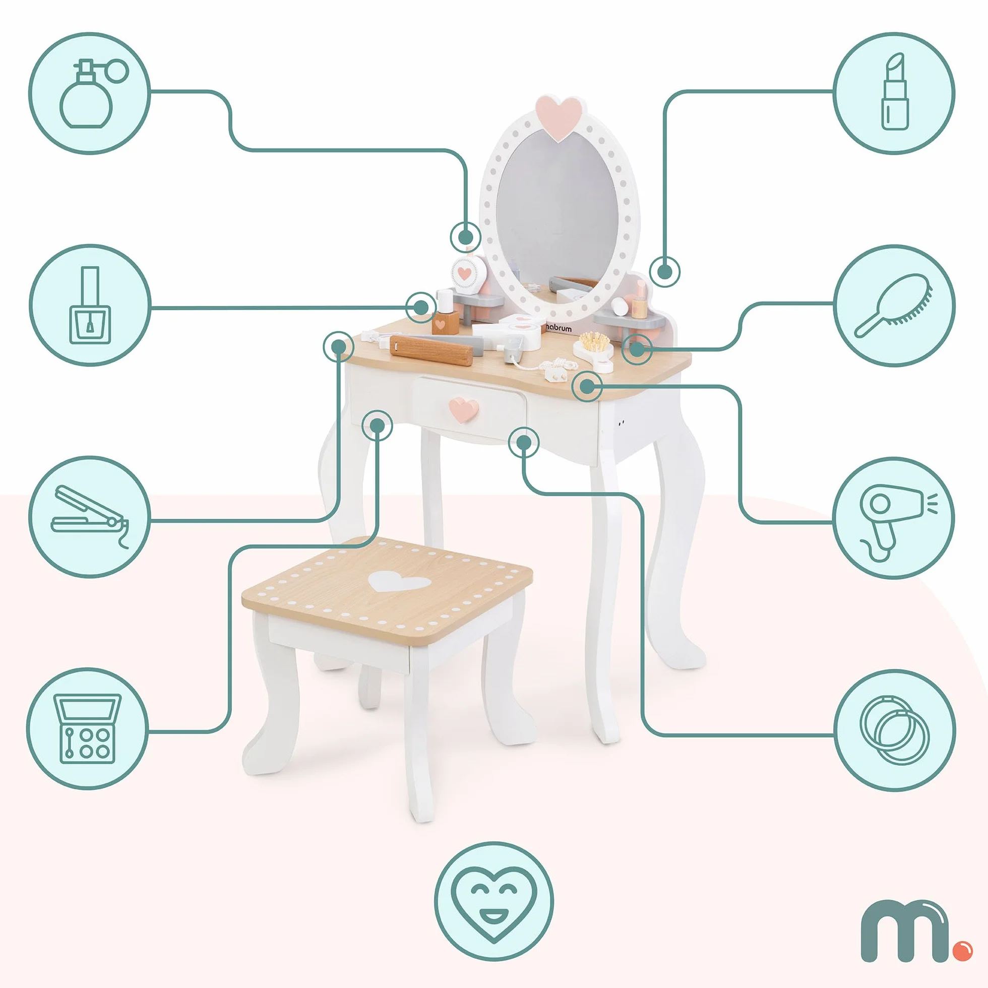 Mamabrum, Drewniany Make up Set, Toaletka z Taboretem i Akcesoriami, Toaletka, Taboret, Prostownica, Perfumy, Lakier do Paznokci, Szczotka do Włosów, Gumki do Włosów