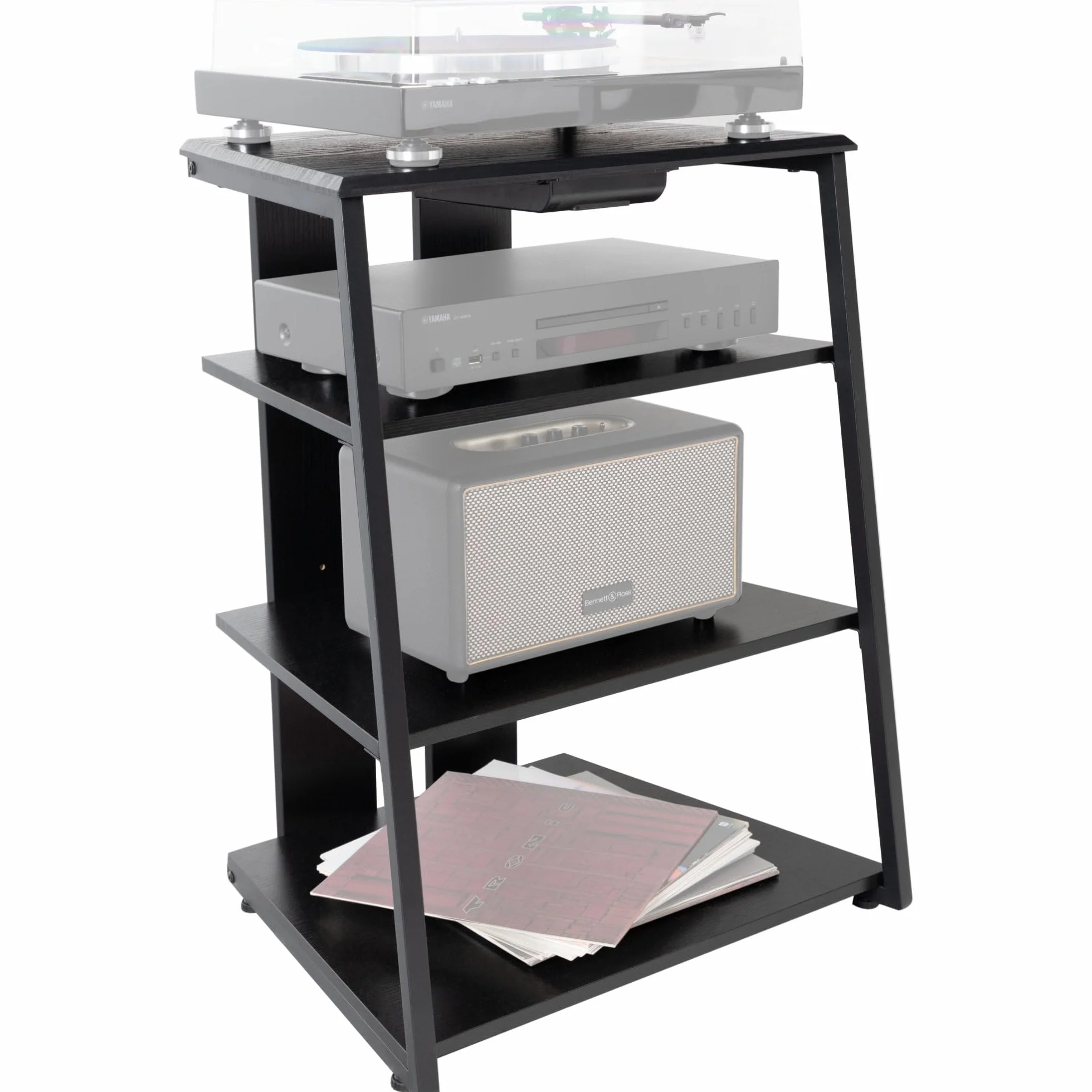 Stagecaptain HiFi Rack – czarny jesion o wyglądzie drewna, stalowy stelaż – 4 poziomy, regał HiFi, każdy udźwig 20-50 kg – szuflada i regulowane nóżki – idealny do gramofonów, komponentów HiFi itd.