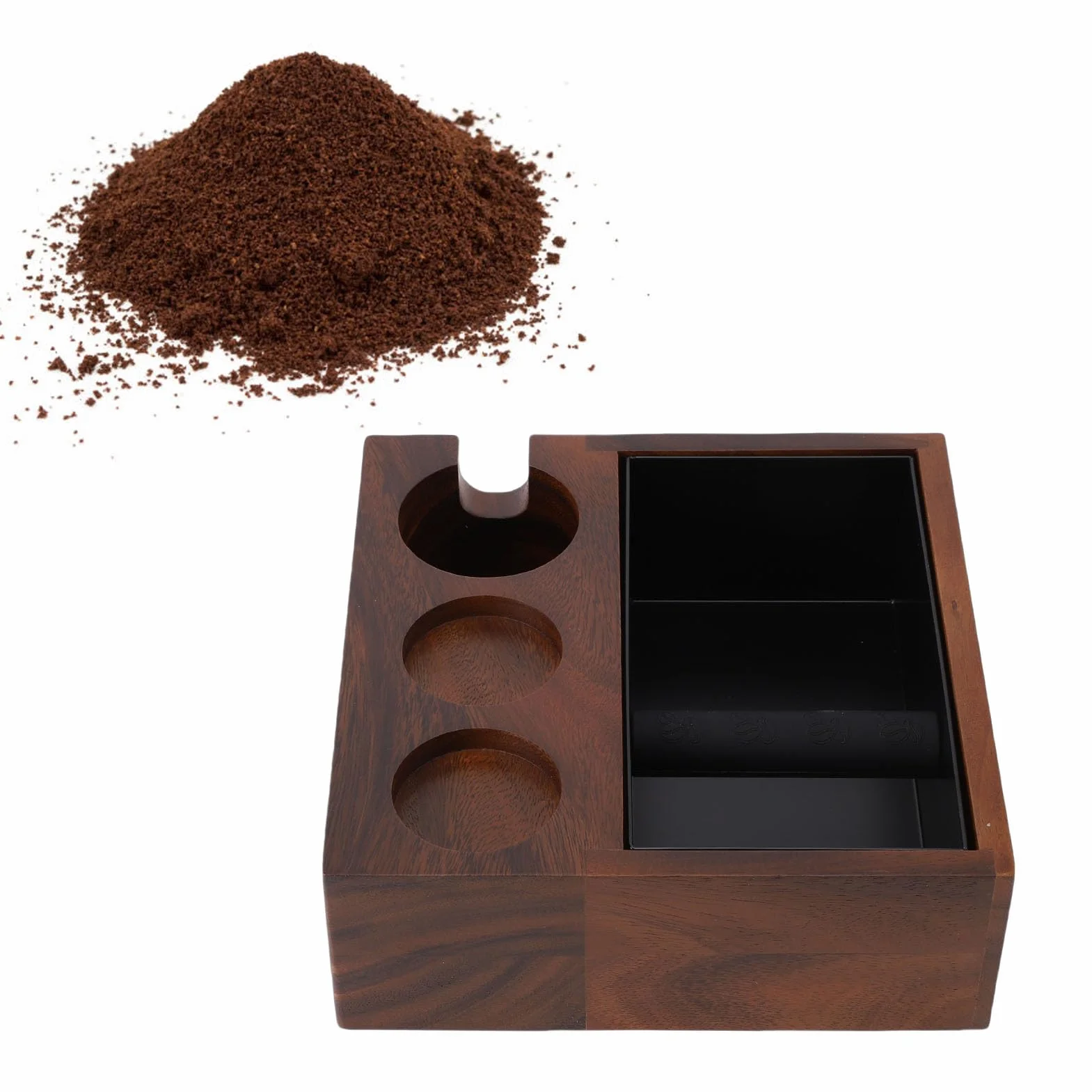 4 w 1 Drewniane Pukanie do Espresso, Pukanie do Dystrybutora Kawy 58 Mm ze Zdejmowanym PudełKiem na Fusy ze Stali Nierdzewnej i PodnóżKiem, Ubijak do Espresso, Stojak na Filtry