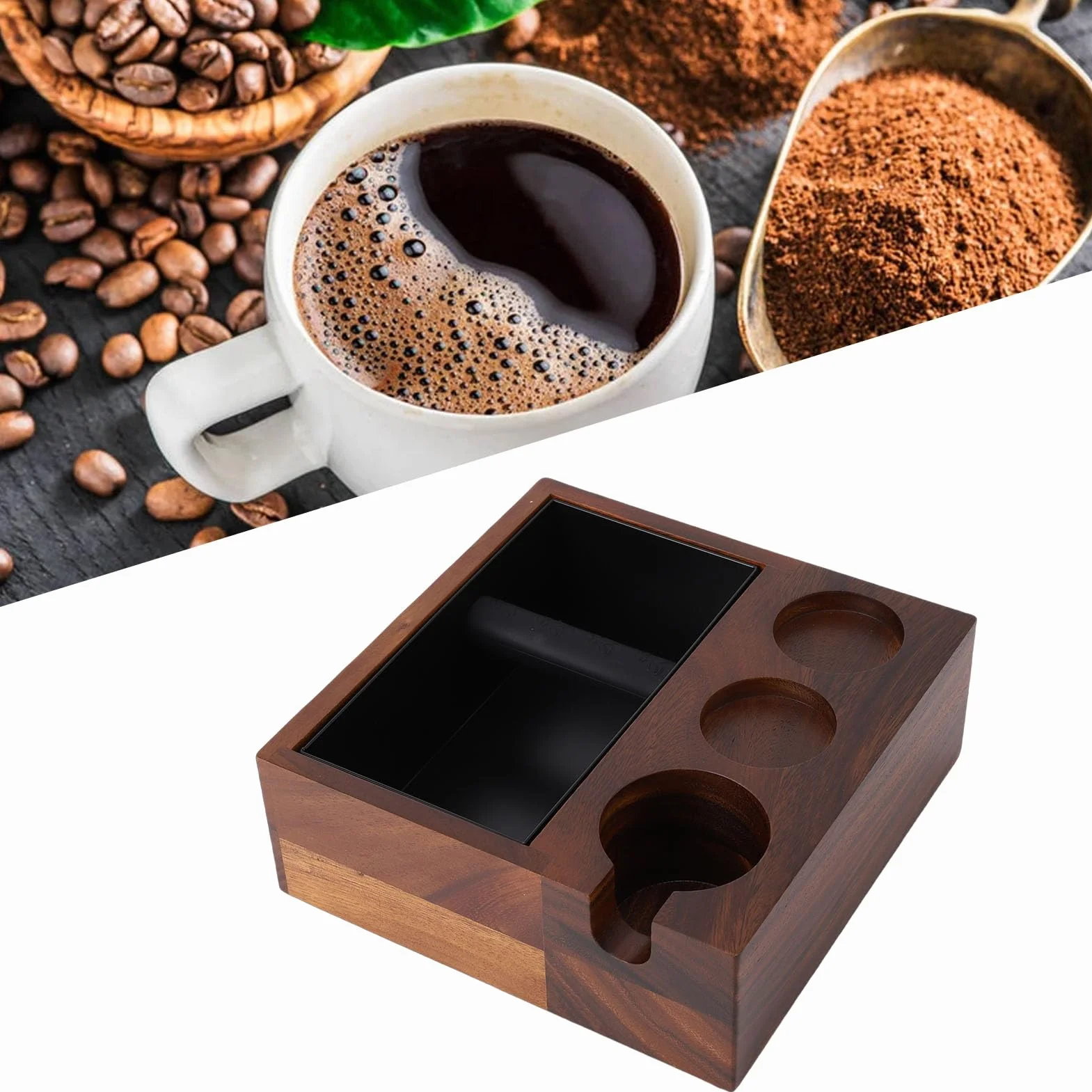 4 w 1 Drewniane Pukanie do Espresso, Pukanie do Dystrybutora Kawy 58 Mm ze Zdejmowanym PudełKiem na Fusy ze Stali Nierdzewnej i PodnóżKiem, Ubijak do Espresso, Stojak na Filtry