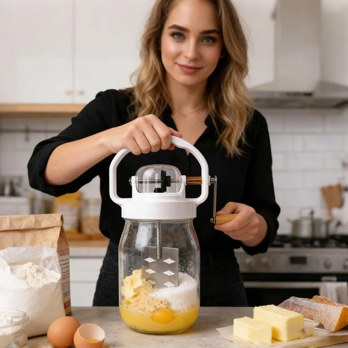 Ręczna Mieszarka z Korba 1.5L Ręczny Blender do Masła | ze Szklaną Butelką Ubijaczka do Jajek do Pieczenia Ciast, Chleba, Wypieków, Herbatników, Bita Śmietana