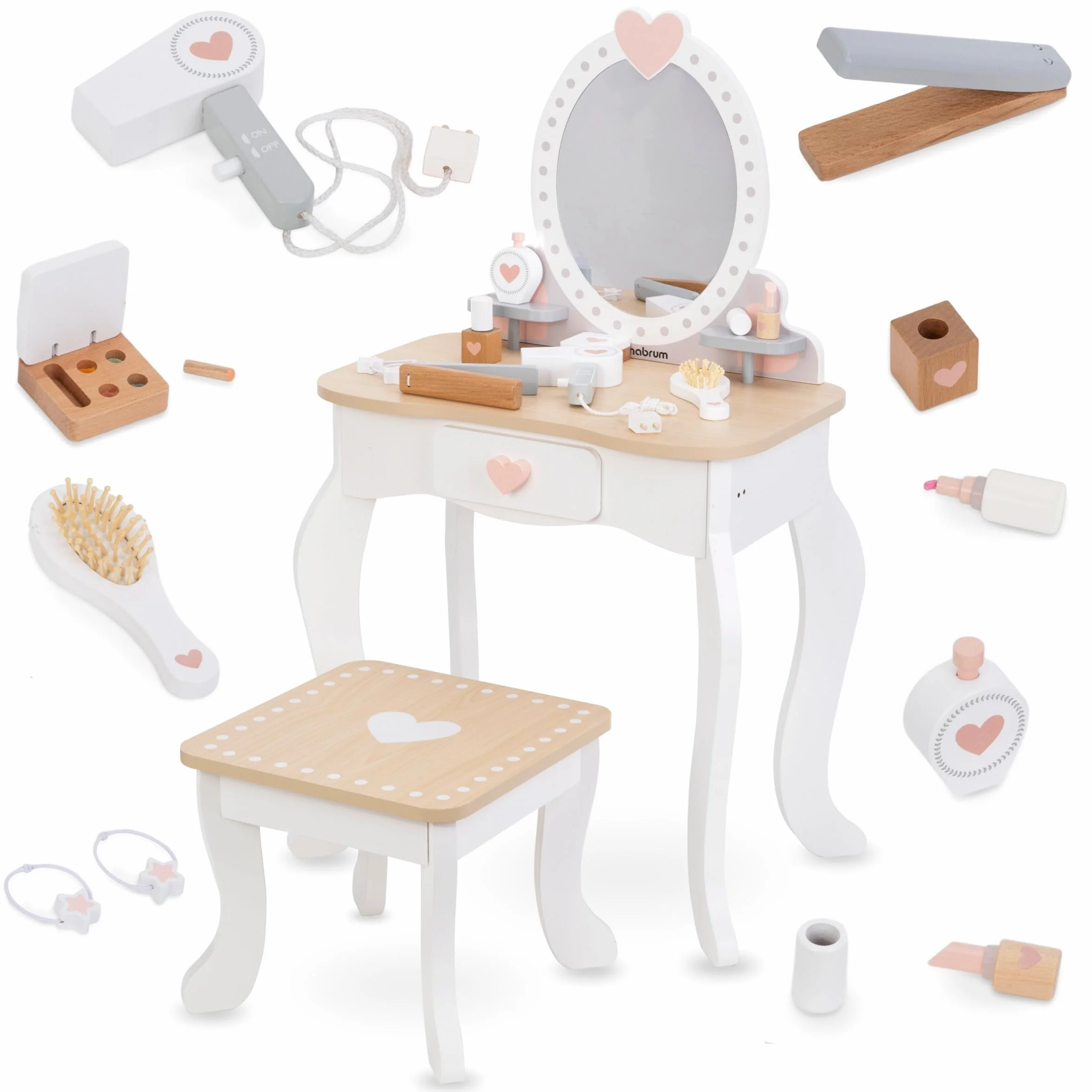 Mamabrum, Drewniany Make up Set, Toaletka z Taboretem i Akcesoriami, Toaletka, Taboret, Prostownica, Perfumy, Lakier do Paznokci, Szczotka do Włosów, Gumki do Włosów