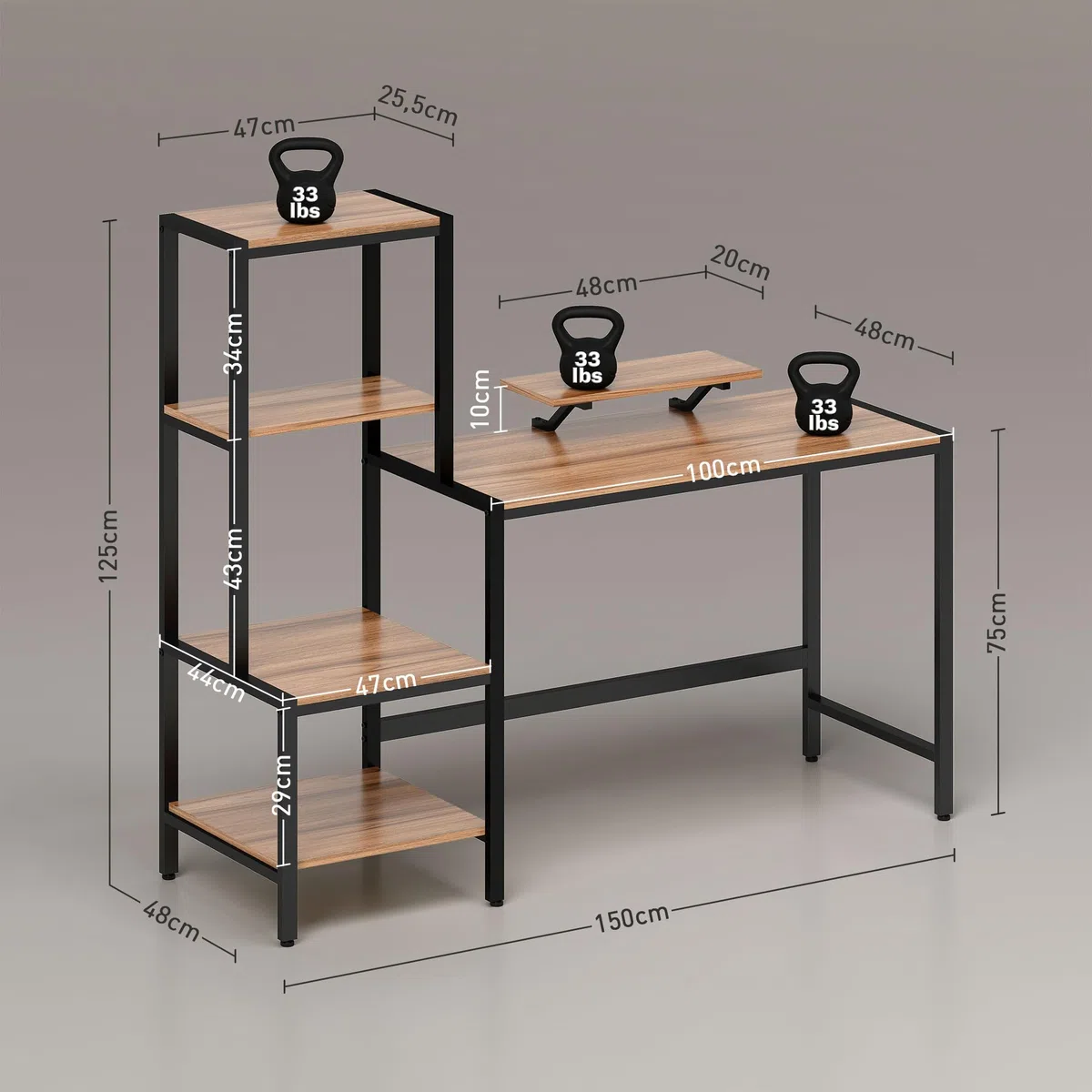 HOMCOM Biurko 150 x 48 cm, stolik pod komputer, podstawka na monitor i procesor, półka na drukarkę, 4 półki, metalowy stelaż sypialni brązowy