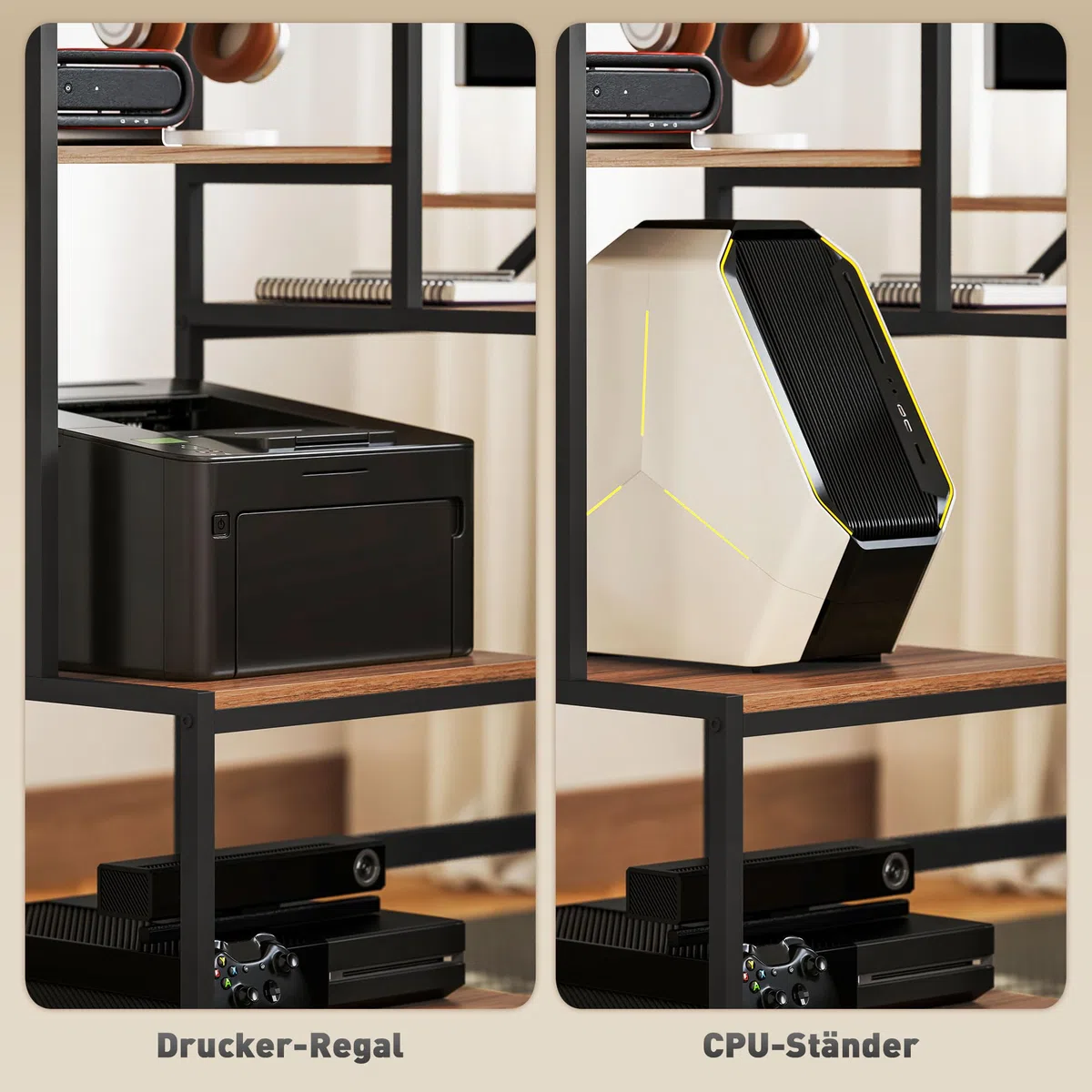HOMCOM Biurko 150 x 48 cm, stolik pod komputer, podstawka na monitor i procesor, półka na drukarkę, 4 półki, metalowy stelaż sypialni brązowy