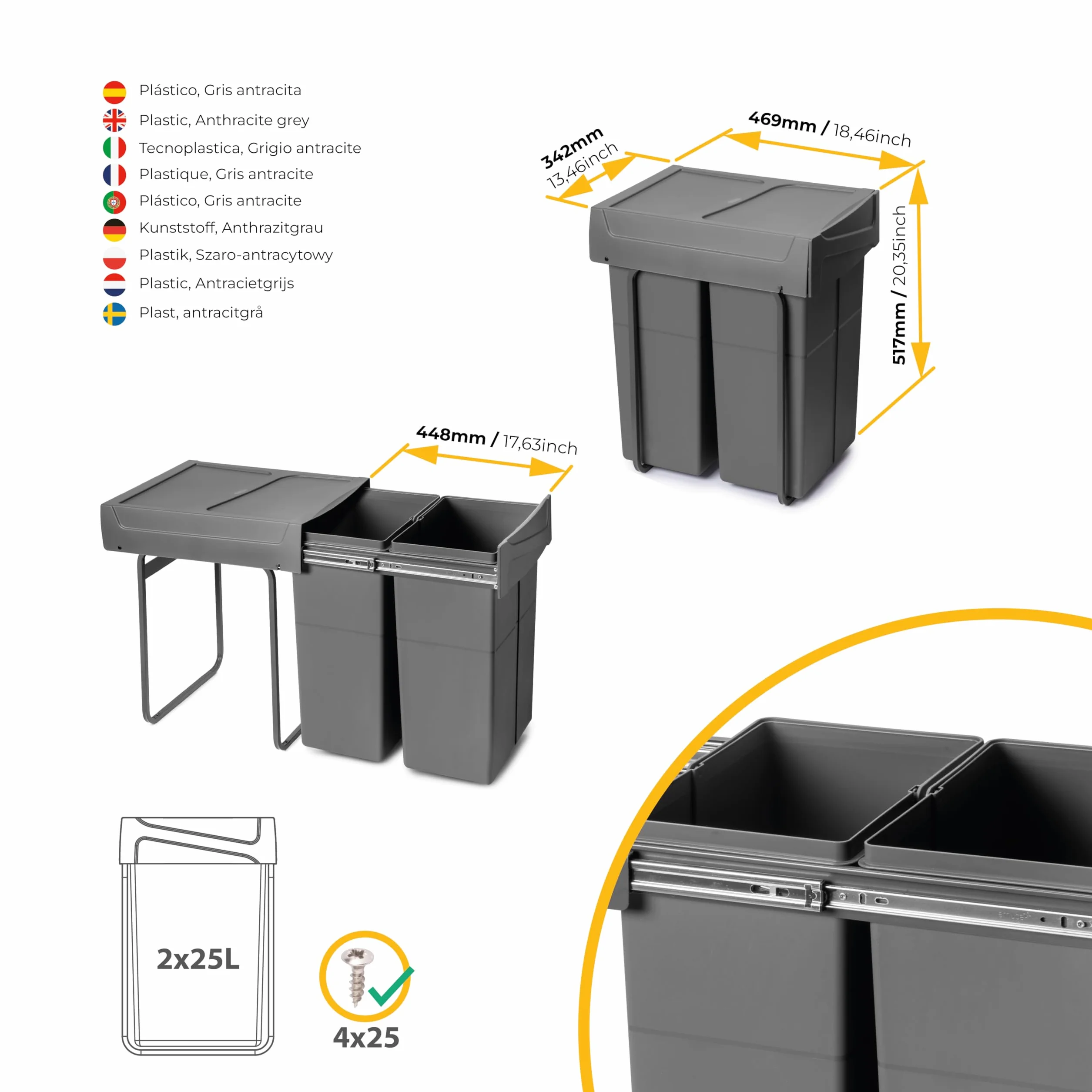 Pojemnik do recyklingu Emuca 2x25 litrów wysuw manualny szary antracytowy